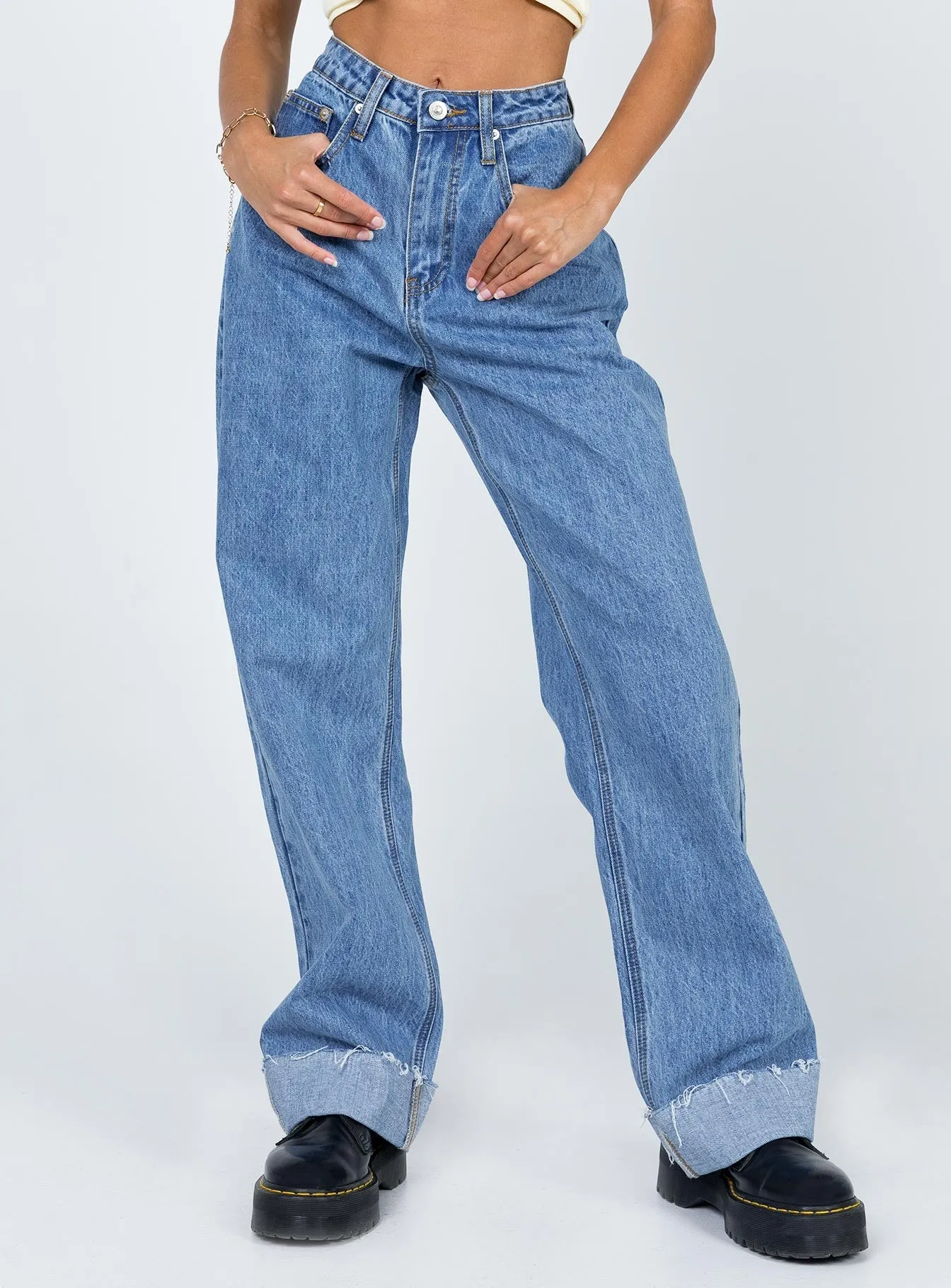 Core Layer Loose High Quality Morning Stroll Ollie Mid Rise Straight Leg Jeans Mid Wash Denim