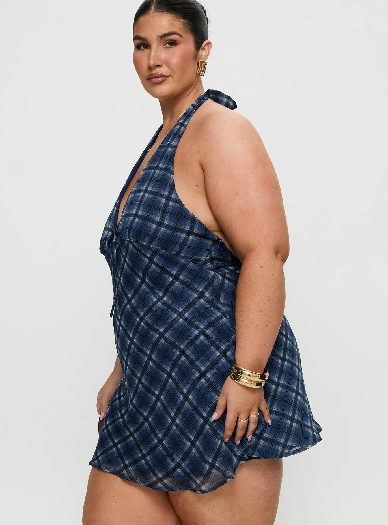 Laraline Halter Mini Dress Navy Check Curve No Slip Grip Stylish Wear