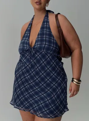 Laraline Halter Mini Dress Navy Check Curve Flash Mode