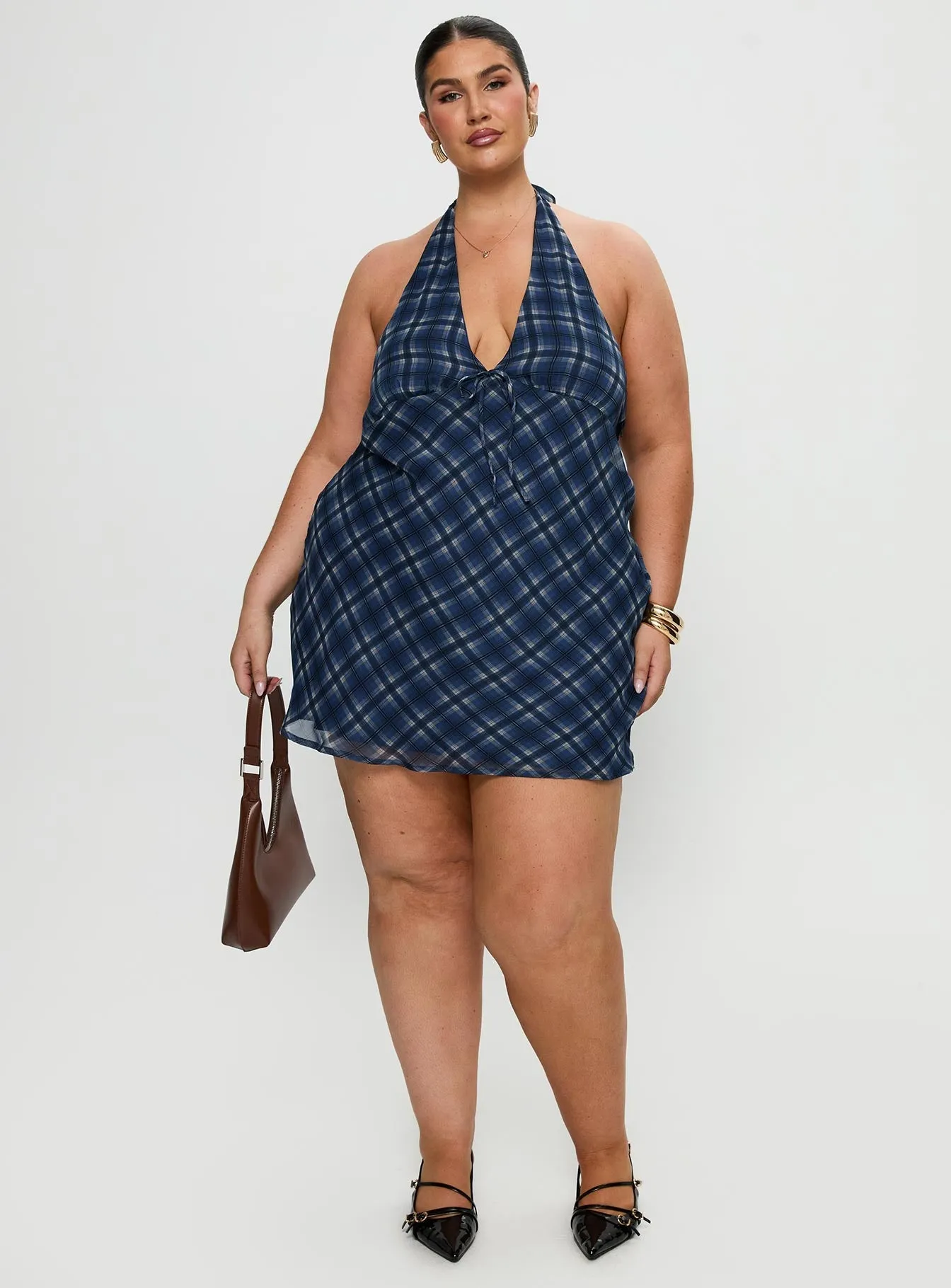 Laraline Halter Mini Dress Navy Check Curve Vibrant patterned mini