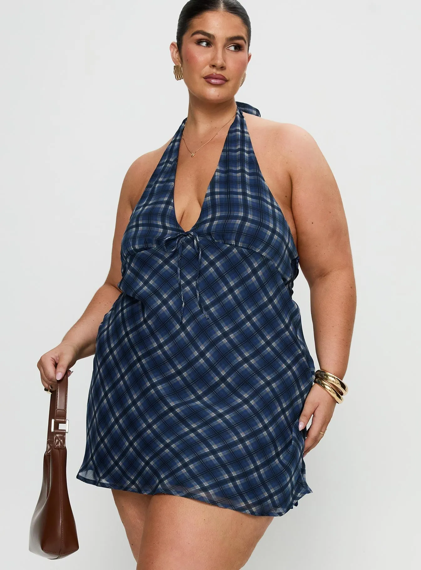 Laraline Halter Mini Dress Navy Check Curve Stage Beat