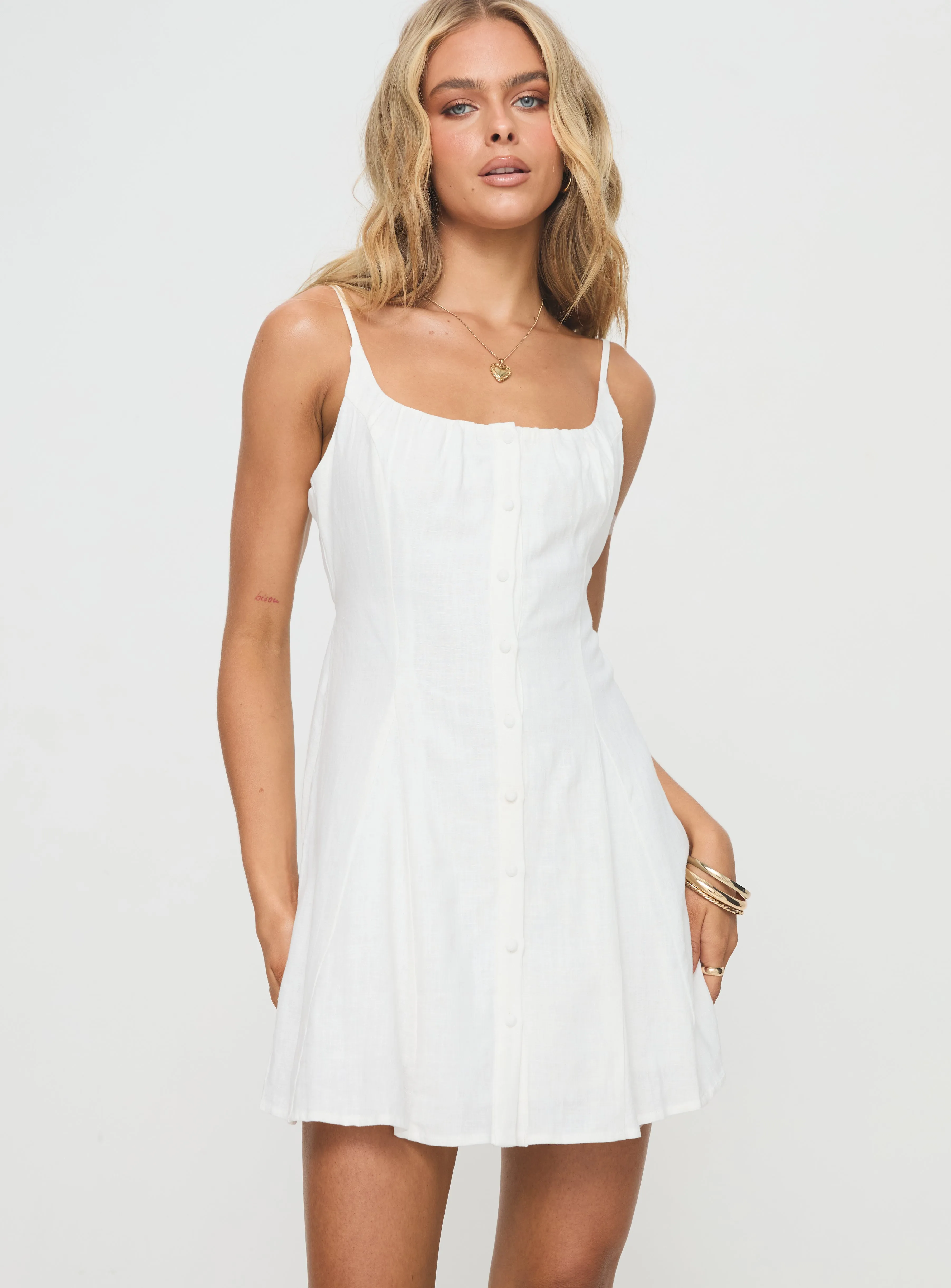 Elian Linen Blend Mini Dress White Edge Glow Pop Look