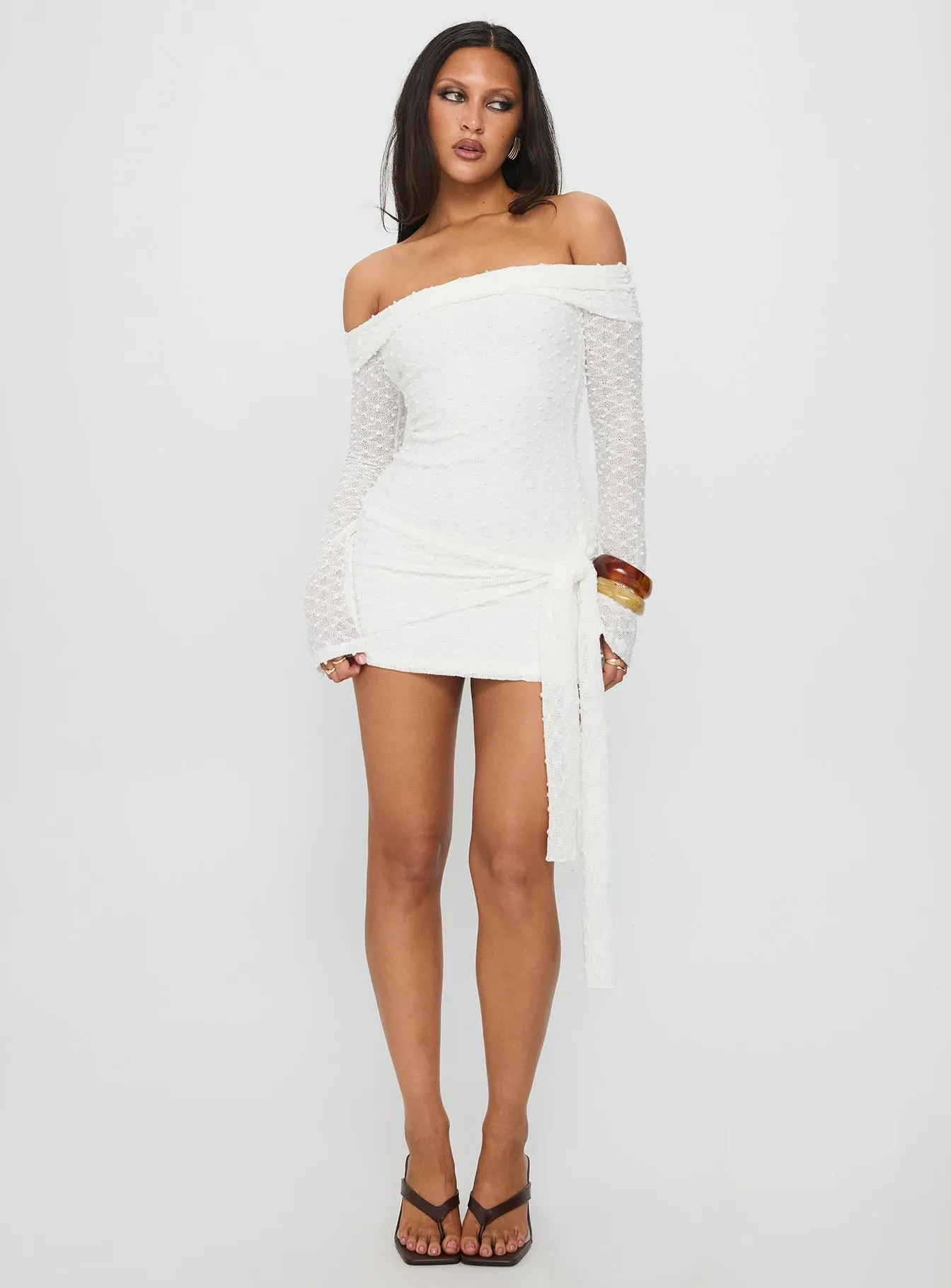 Karmin Long Sleeve Boucle Mini Dress White Summer Wear