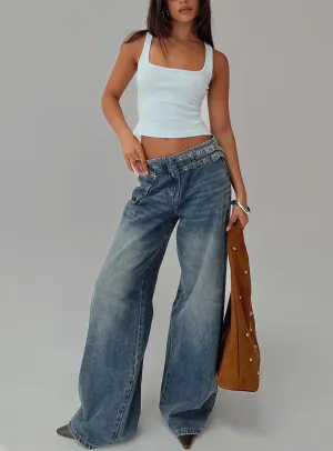 Routine Wear Paltrow Mid Rise Wide Leg Cargo Jeans Mid Blue Wash
