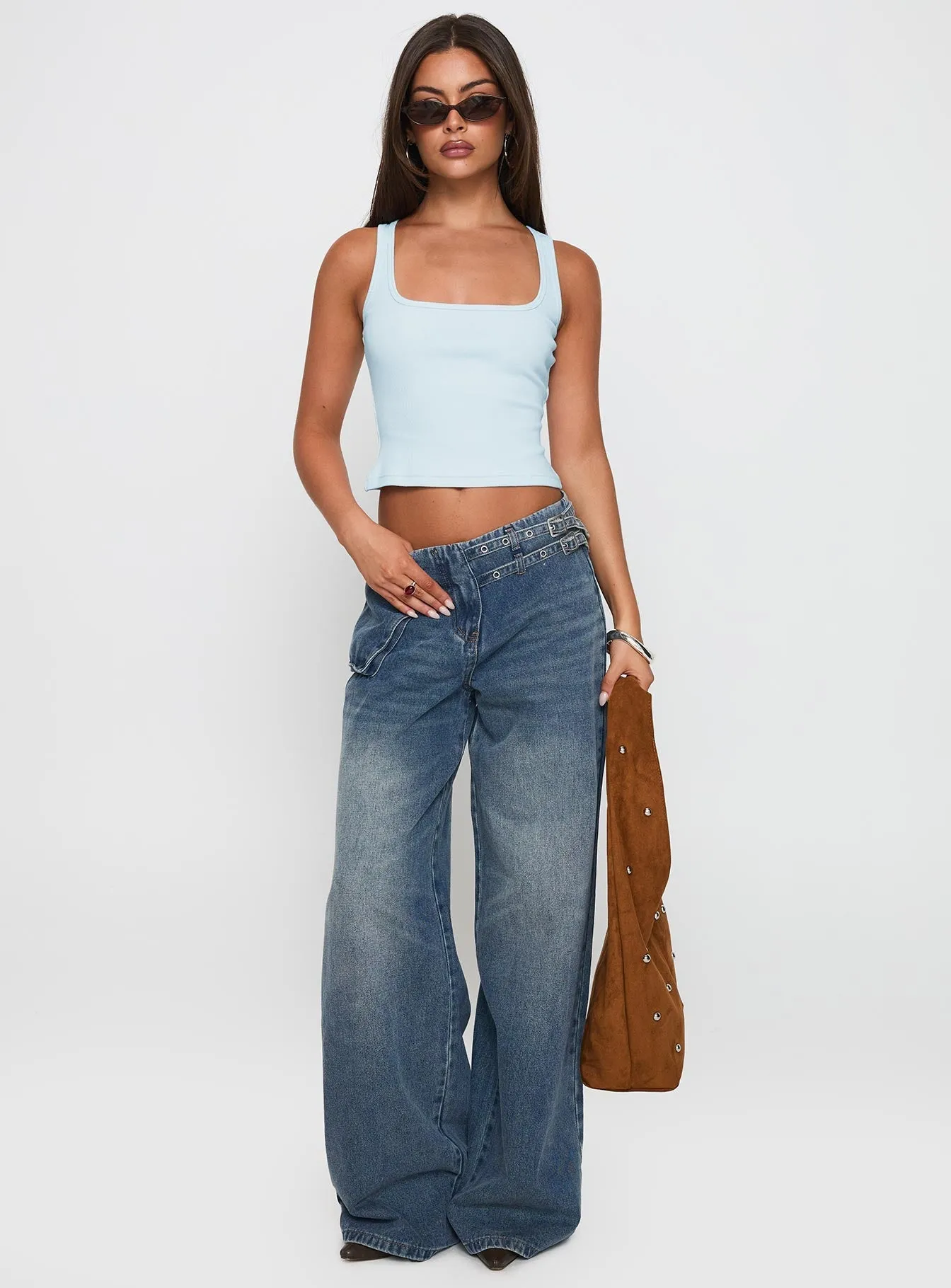 Minimal Edge Autumn Days Unisex Wear Teen Outfit Paltrow Mid Rise Wide Leg Cargo Jeans Mid Blue Wash