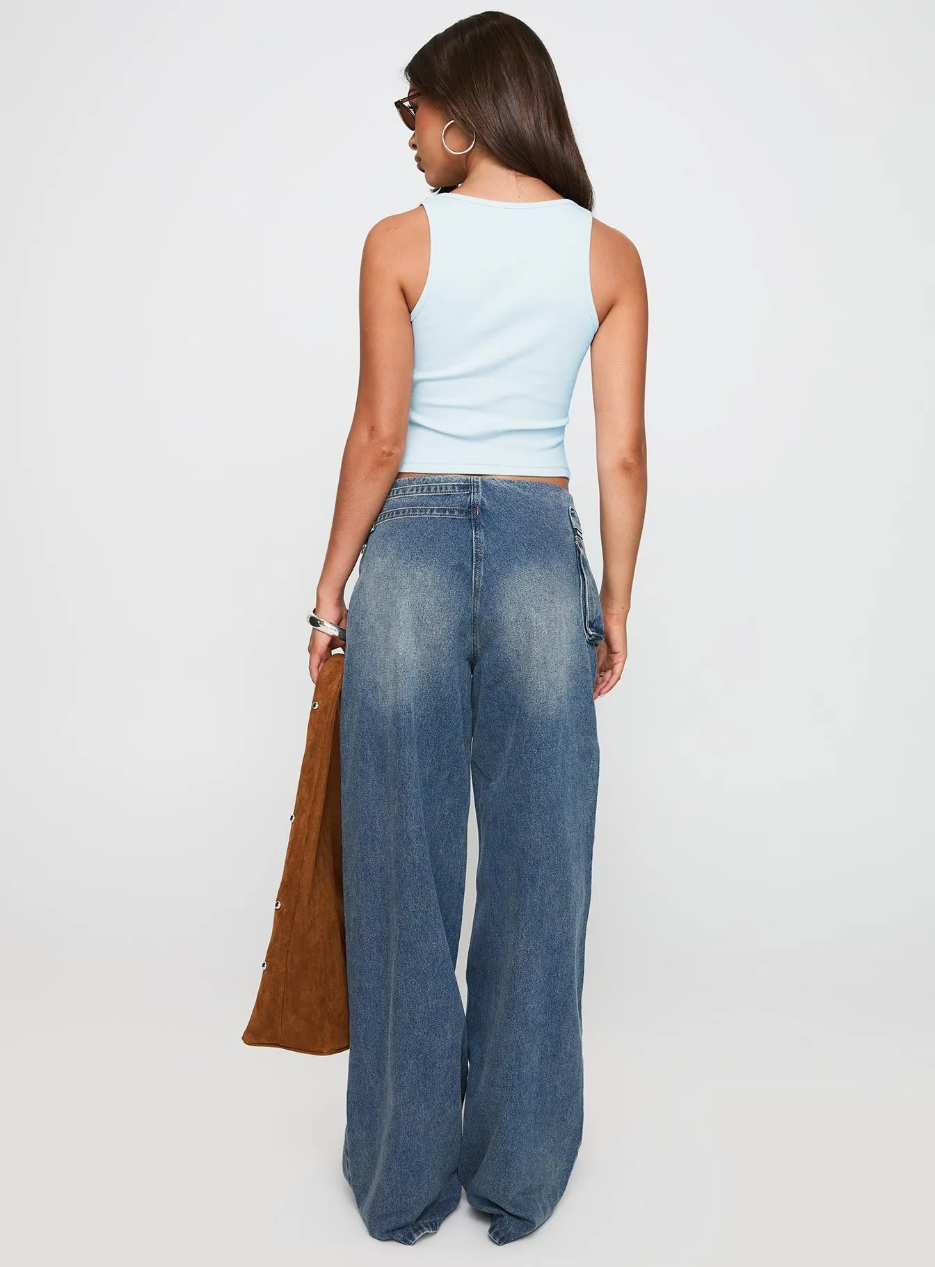 Neutral Autumn Days Paltrow Mid Rise Wide Leg Cargo Jeans Mid Blue Wash