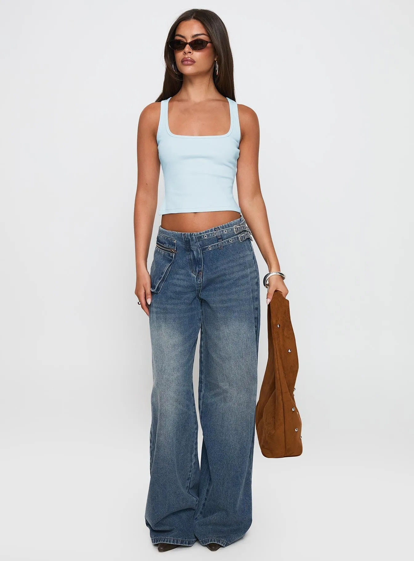 Paltrow Mid Rise Wide Leg Cargo Jeans Mid Blue Wash Simple Detail Office Wear Modern