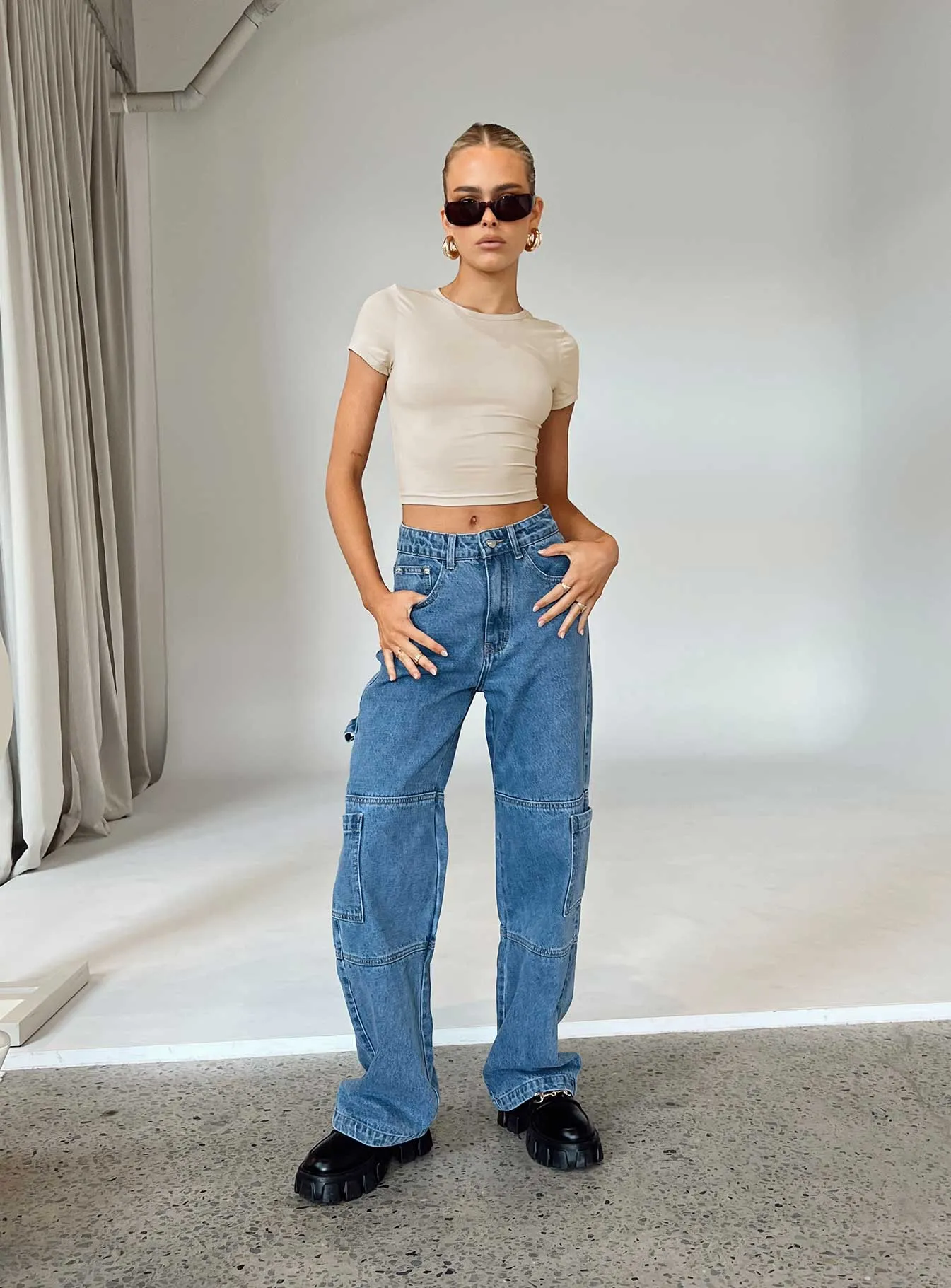 Saffie Wide Leg Jeans Mid Wash Denim Clean Vibe Distressed Details