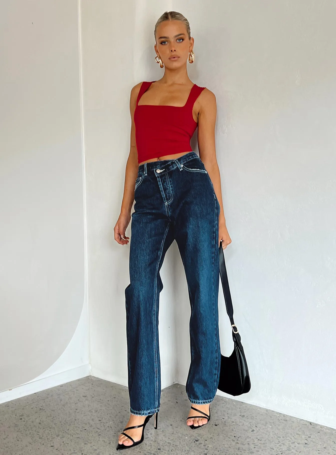 Wardrobe Classic Holly Asymmetric Straight Leg Jean Dark Wash Denim