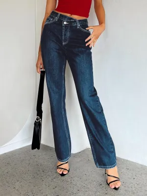 Sunny Vibes Casual Holly Asymmetric Straight Leg Jean Dark Wash Denim