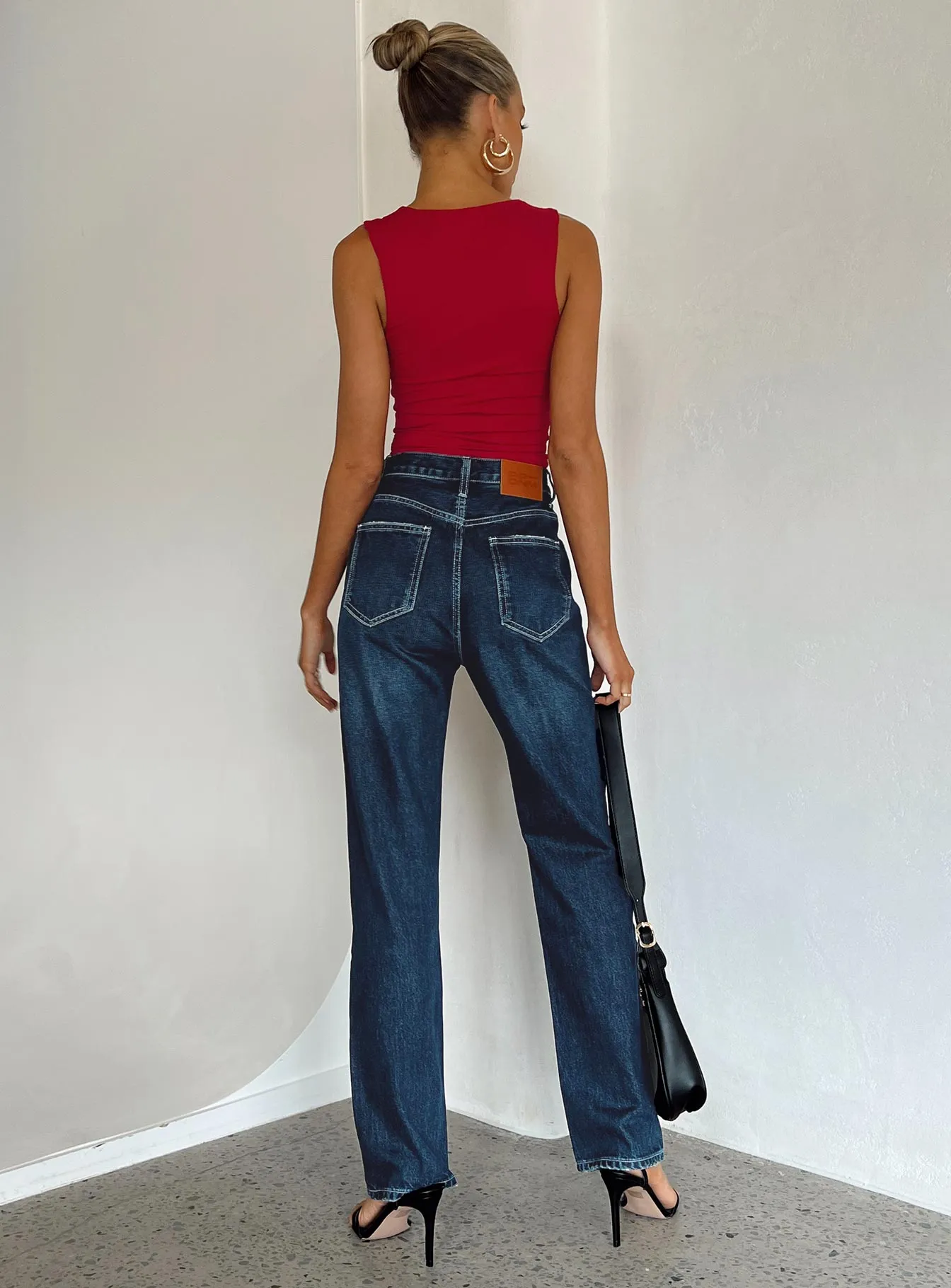Sleek Option Holly Asymmetric Straight Leg Jean Dark Wash Denim