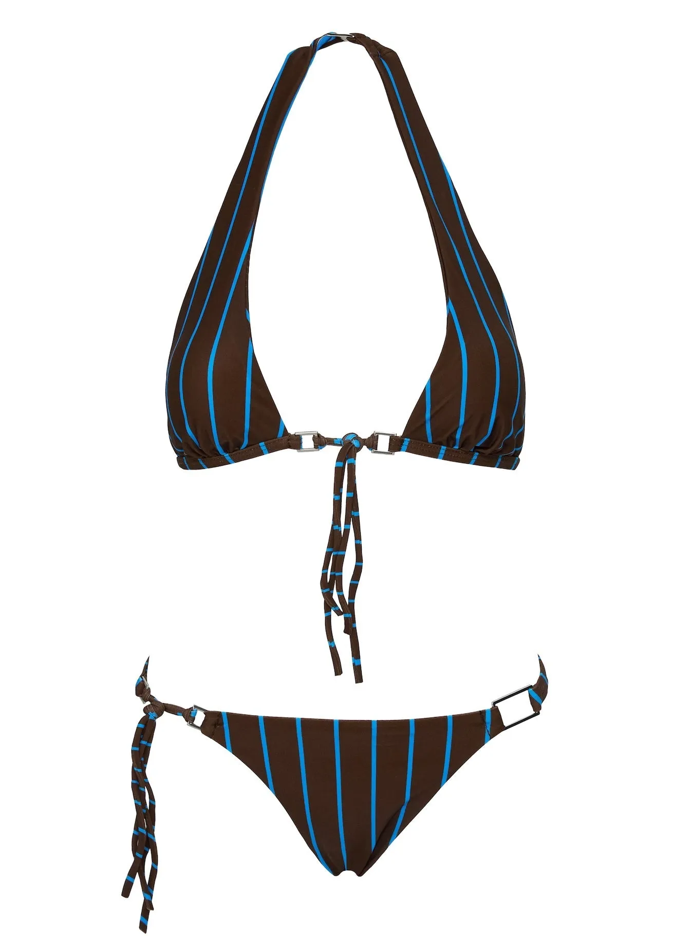 Water Resistant Fabric Butter Soft Stretch Janessa Hardware Halter Bikini Top Brown / Blue Stripe