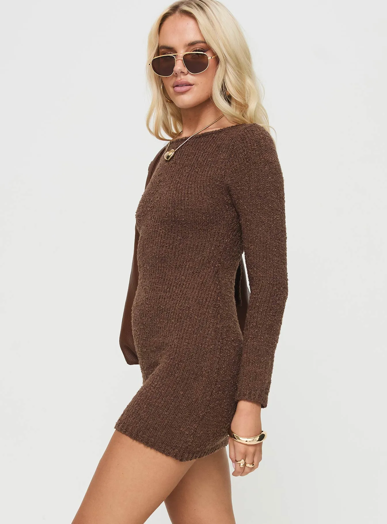 Cosy Up Long Sleeve Boucle Mini Dress Chocolate Comfort Fit