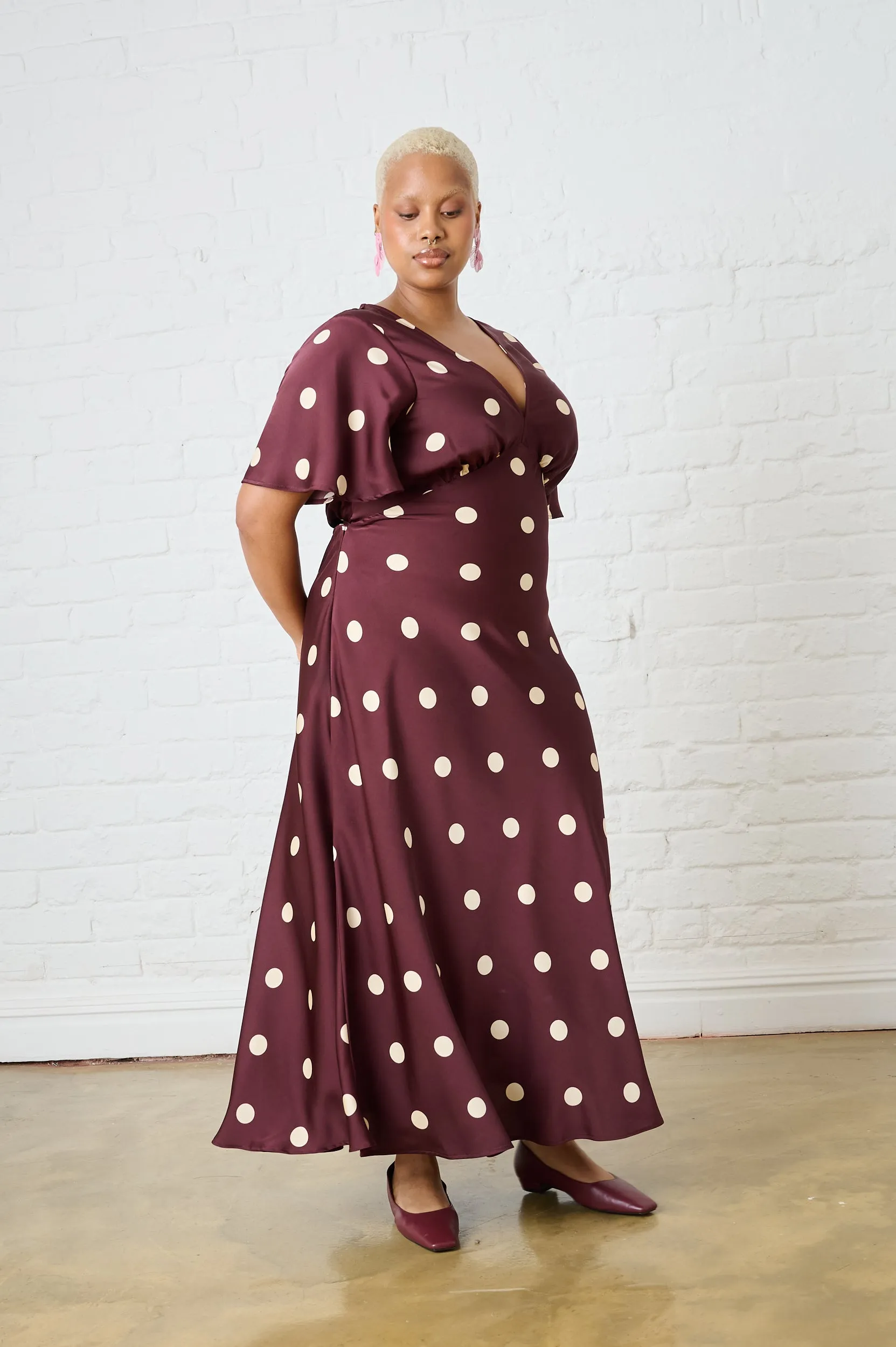 Burgundy Spot Satin Maxi Dress with Sleeve NonRestrictive Fit