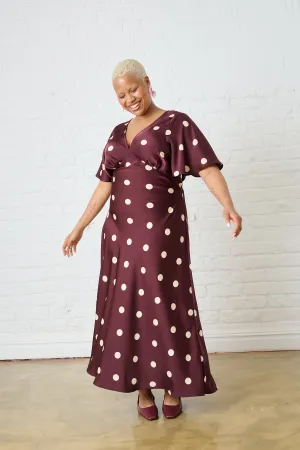 Metal Core AntiSnagFabric Burgundy Spot Satin Maxi Dress with Sleeve