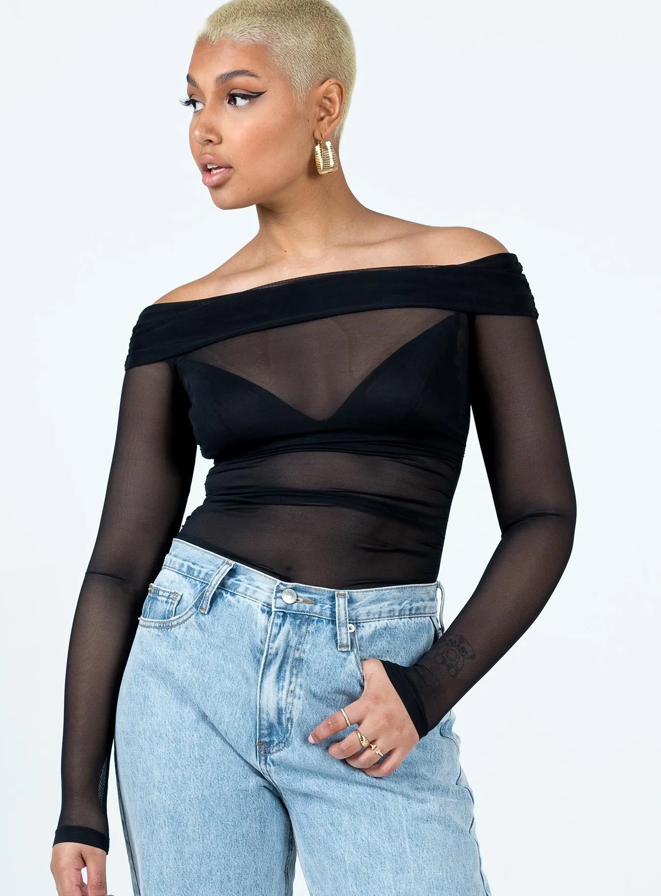 Clean Basic Home Neutral Marek Off Shoulder Bodysuit Black