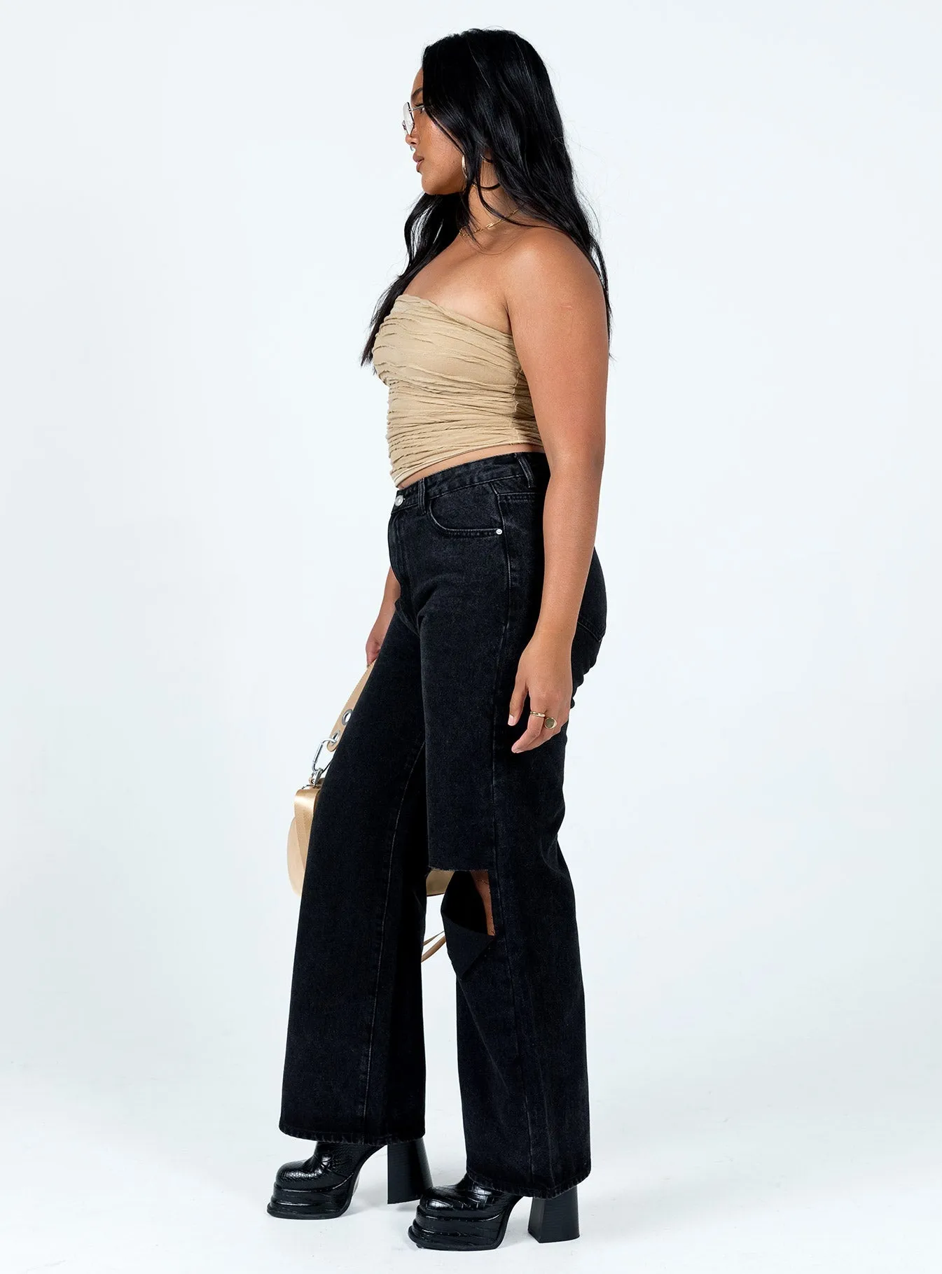 Adjustable Waist Sevina Wide Leg Denim Jeans Black