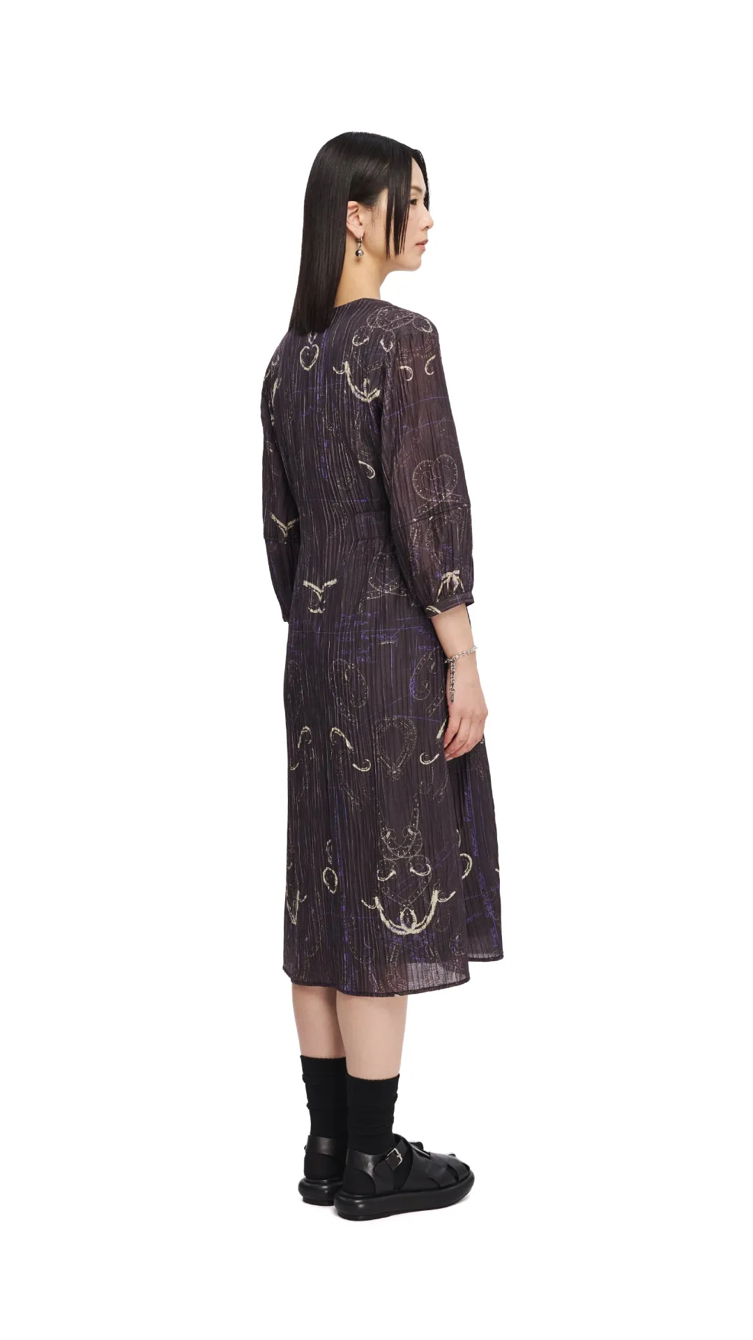 WrinkleFree Fabric NonSlipGrip French Curve Ruler Print Puff-Sleeves Dress