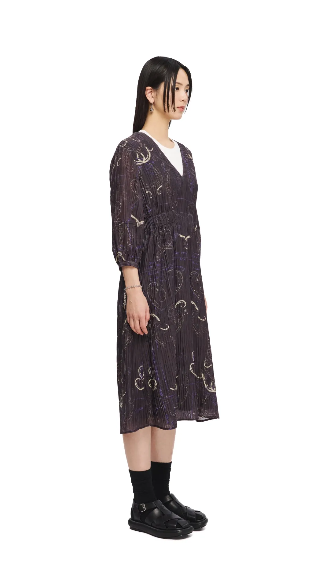 French Curve Ruler Print Puff-Sleeves Dress QuickPackable Design
