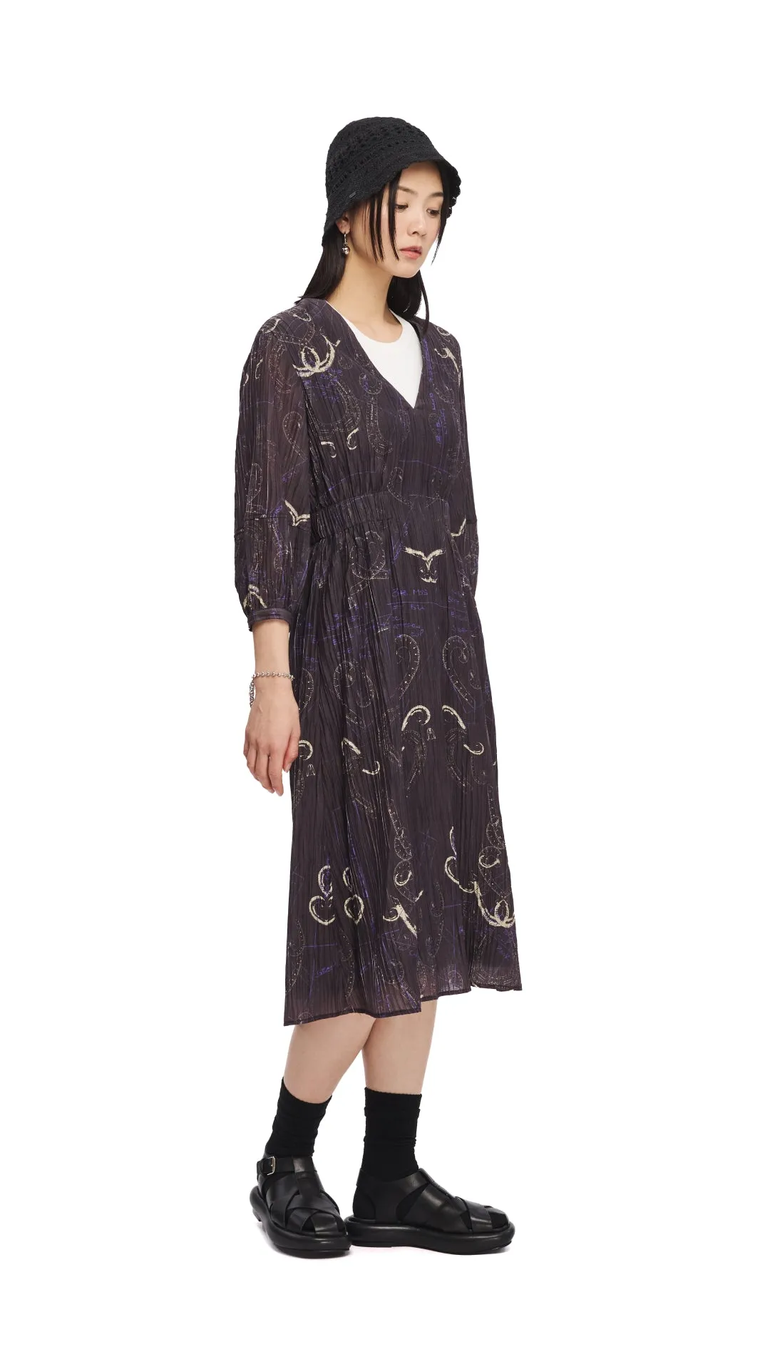French Curve Ruler Print Puff-Sleeves Dress Grace Ease Snow Ready