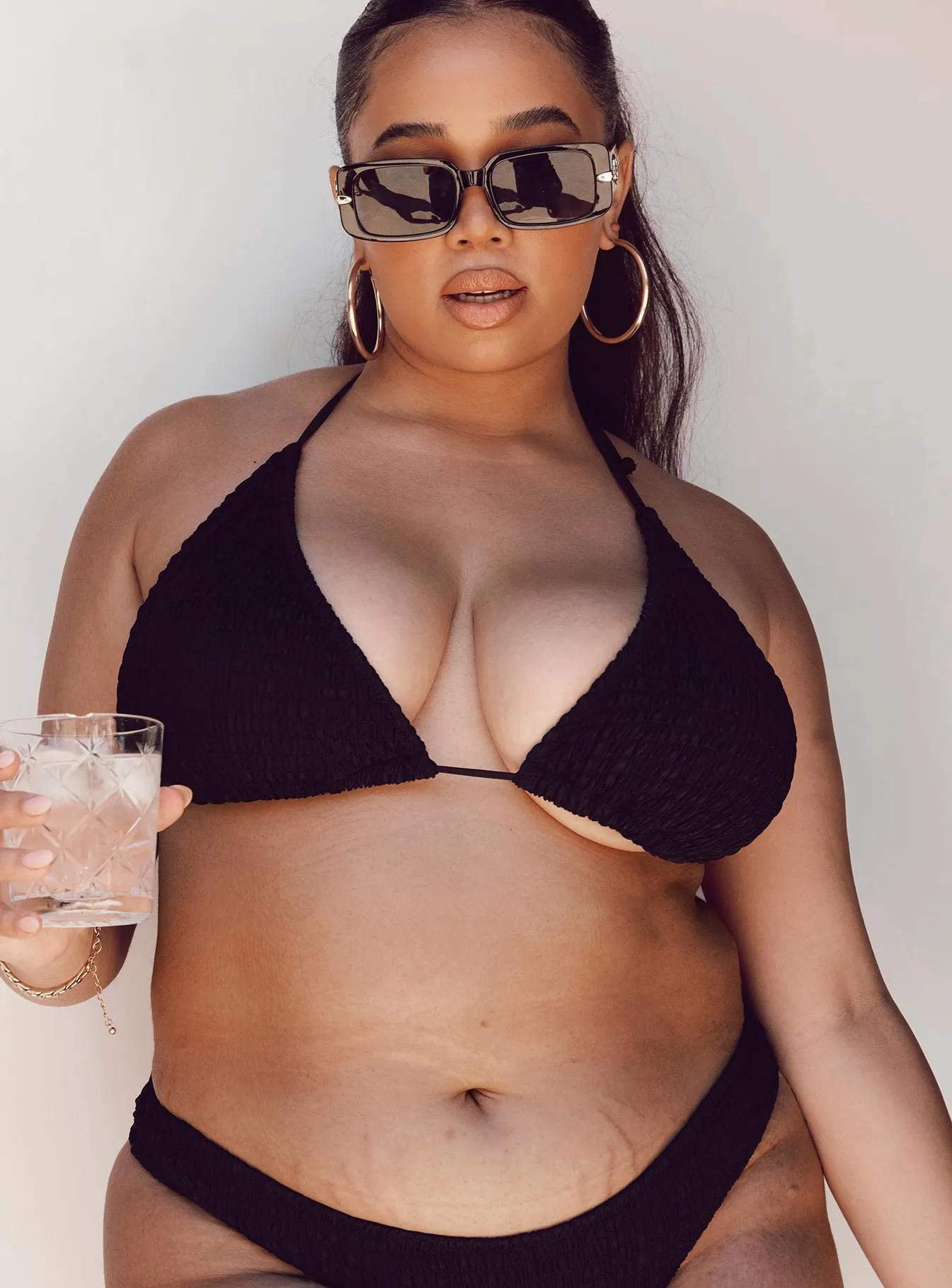 Lightweight Construction Compression Fit Lining Blanca Triangle Shirred Bikini Top Black Curve