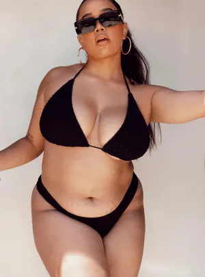 Tummy Control Panel Moisture Wicking Texture Blanca Triangle Shirred Bikini Top Black Curve