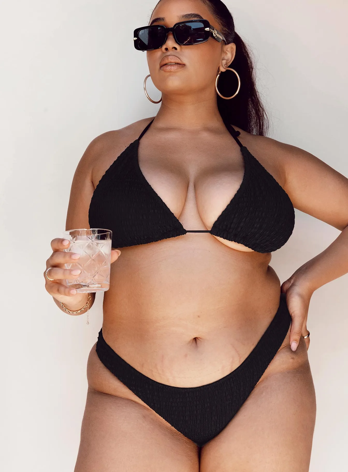 Low Profile Padding Blanca Triangle Shirred Bikini Top Black Curve
