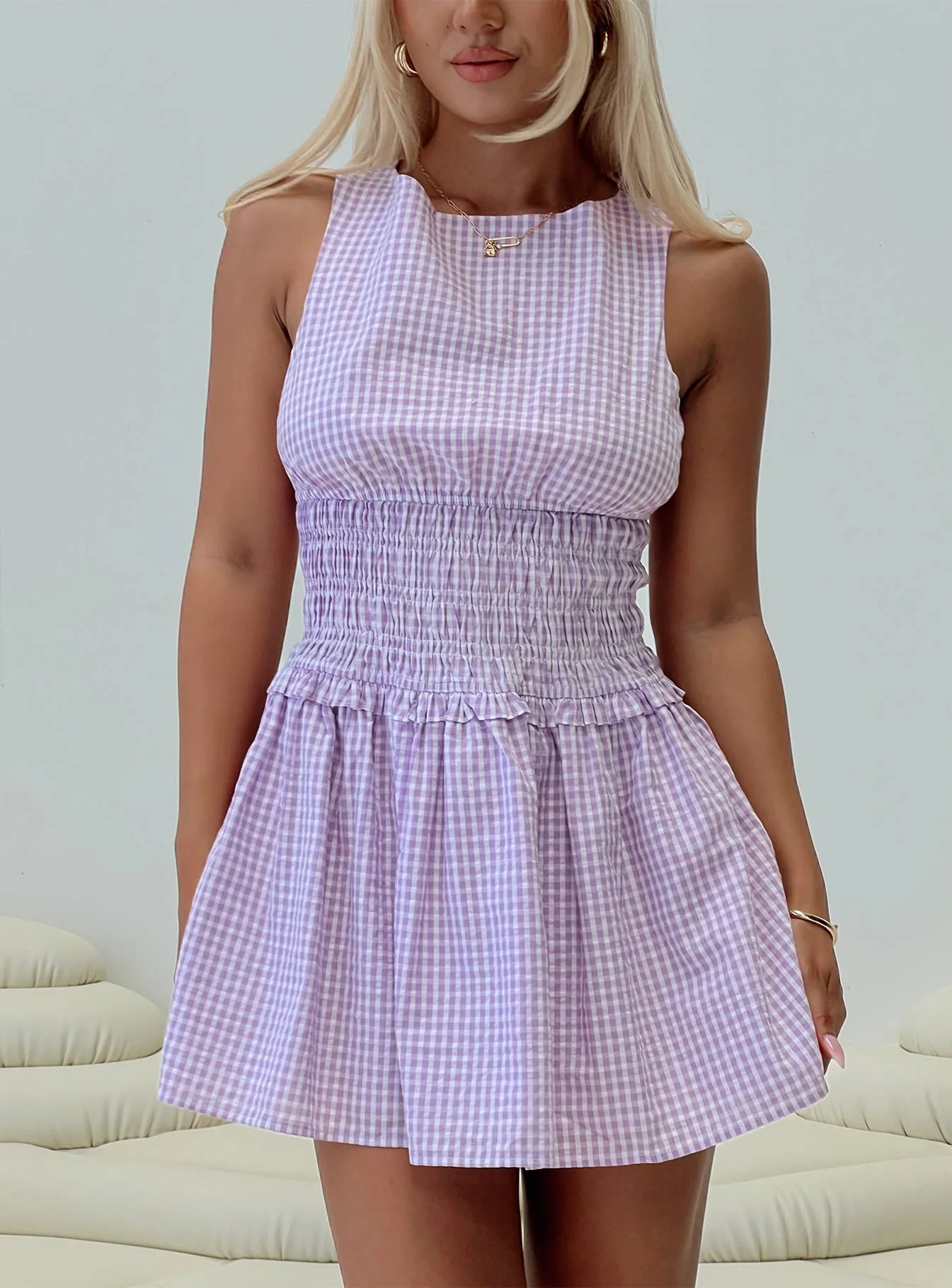 Magnetic Button Closure Smart Casual Style Yennifer Shirred Mini Dress Purple Check