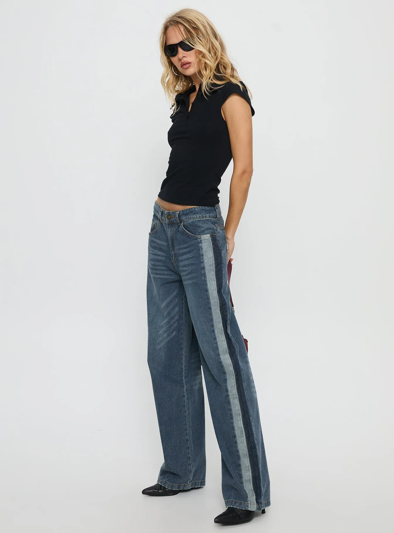 Born Again Mid Rise Straight Leg Contrast Detail Jeans Dark Blue Trend Setter Smart Casual Classic Wear Neutral palette