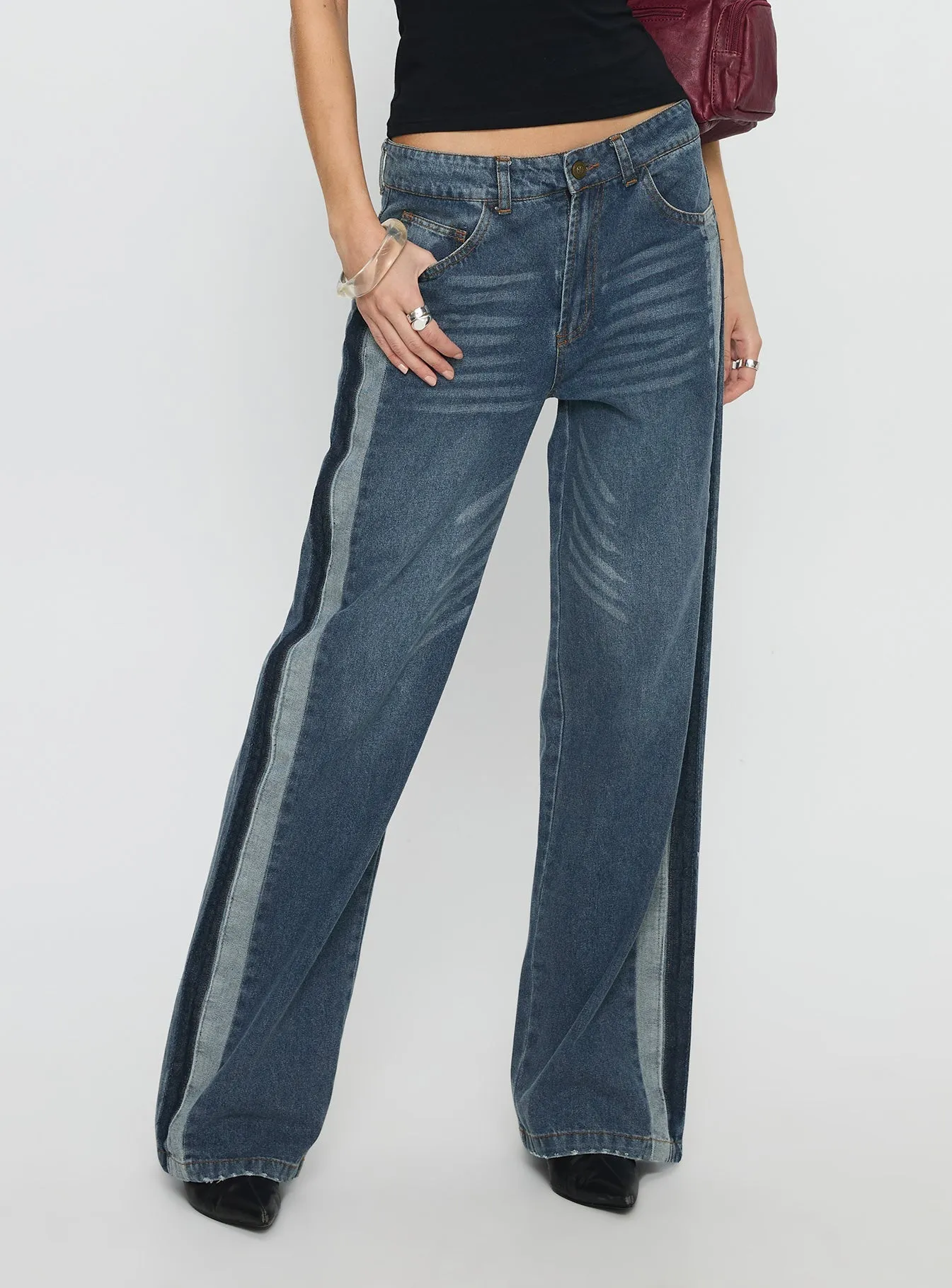 Born Again Mid Rise Straight Leg Contrast Detail Jeans Dark Blue Winter Warmth Student Outfit Textured
