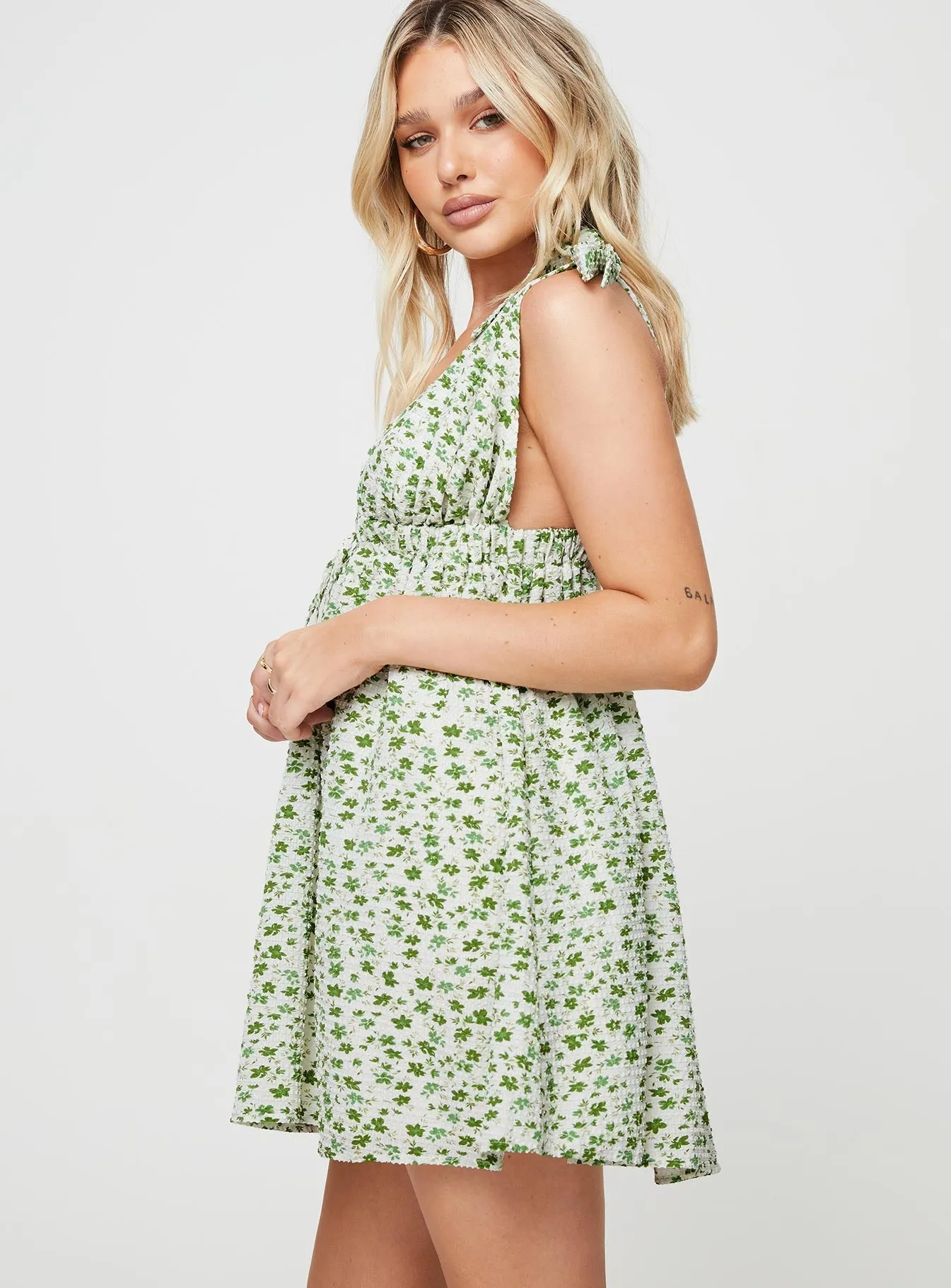 Seersucker Mini Dress Green Multi Layered Ruffle Accent