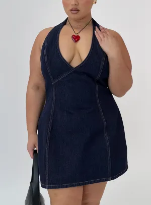 Say Goodnight Denim Halter Mini Dress Mid Wash Curve Comfy chic Recycled Polyester Material