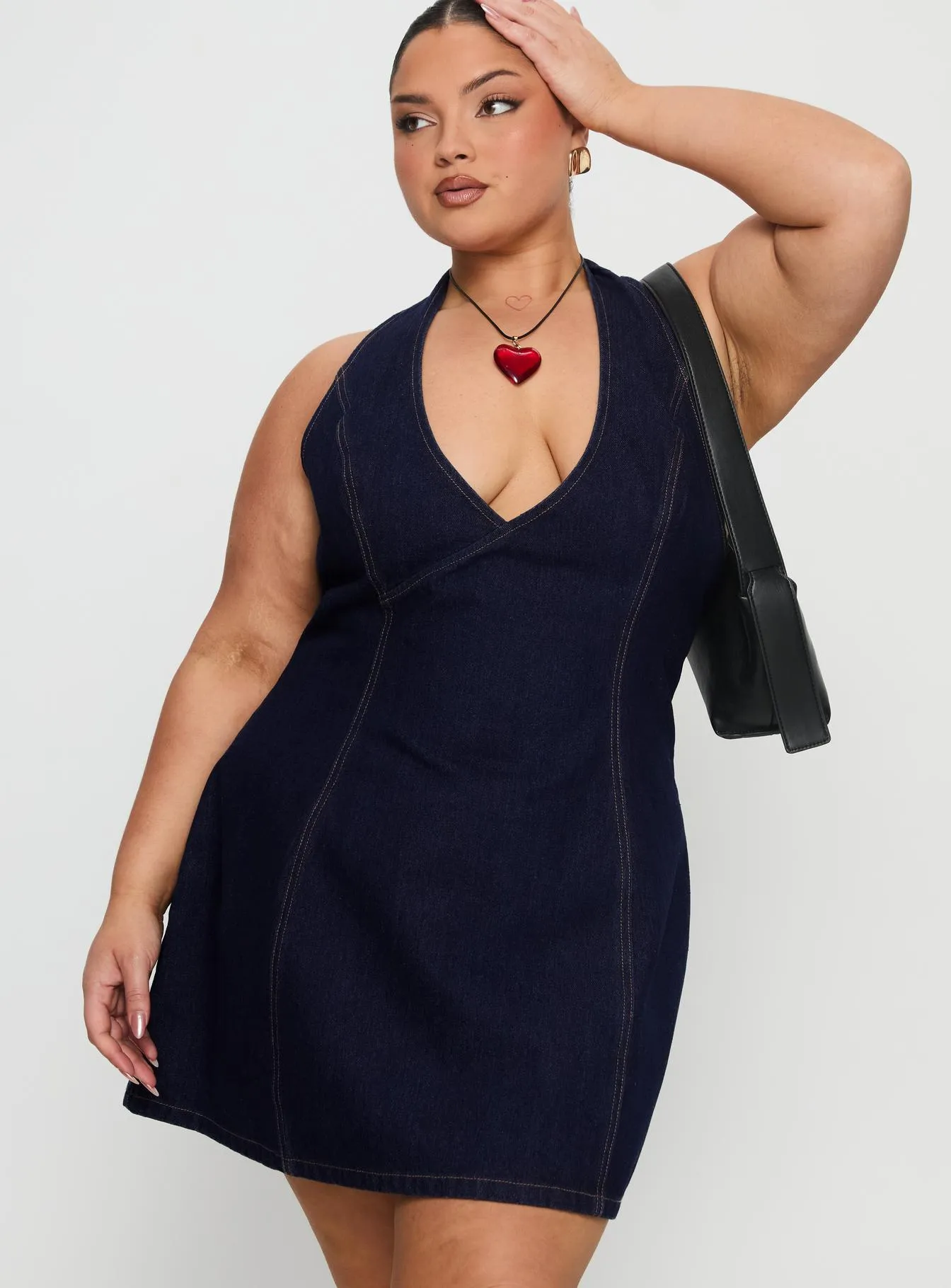 Show Glow Say Goodnight Denim Halter Mini Dress Mid Wash Curve