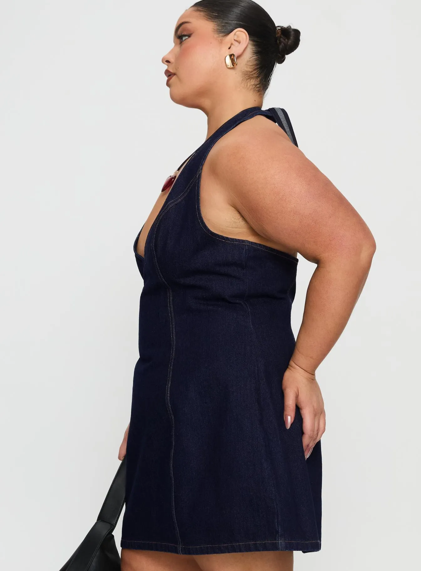 Say Goodnight Denim Halter Mini Dress Mid Wash Curve Playful Fashion