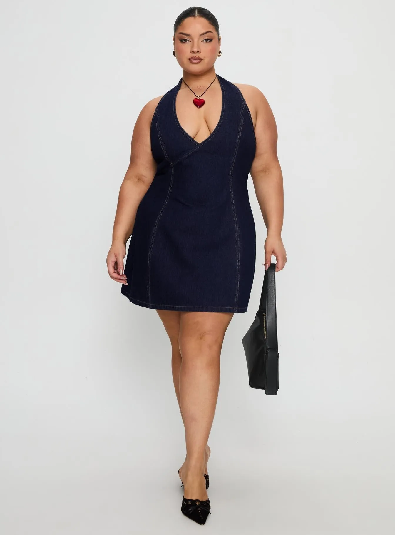 Say Goodnight Denim Halter Mini Dress Mid Wash Curve Catch Eyes Glow Rush
