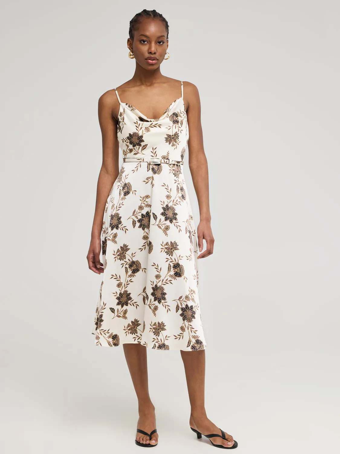 Floral Satin Cowl Neck Midi Dress Parisian Touch Versatile Wardrobe