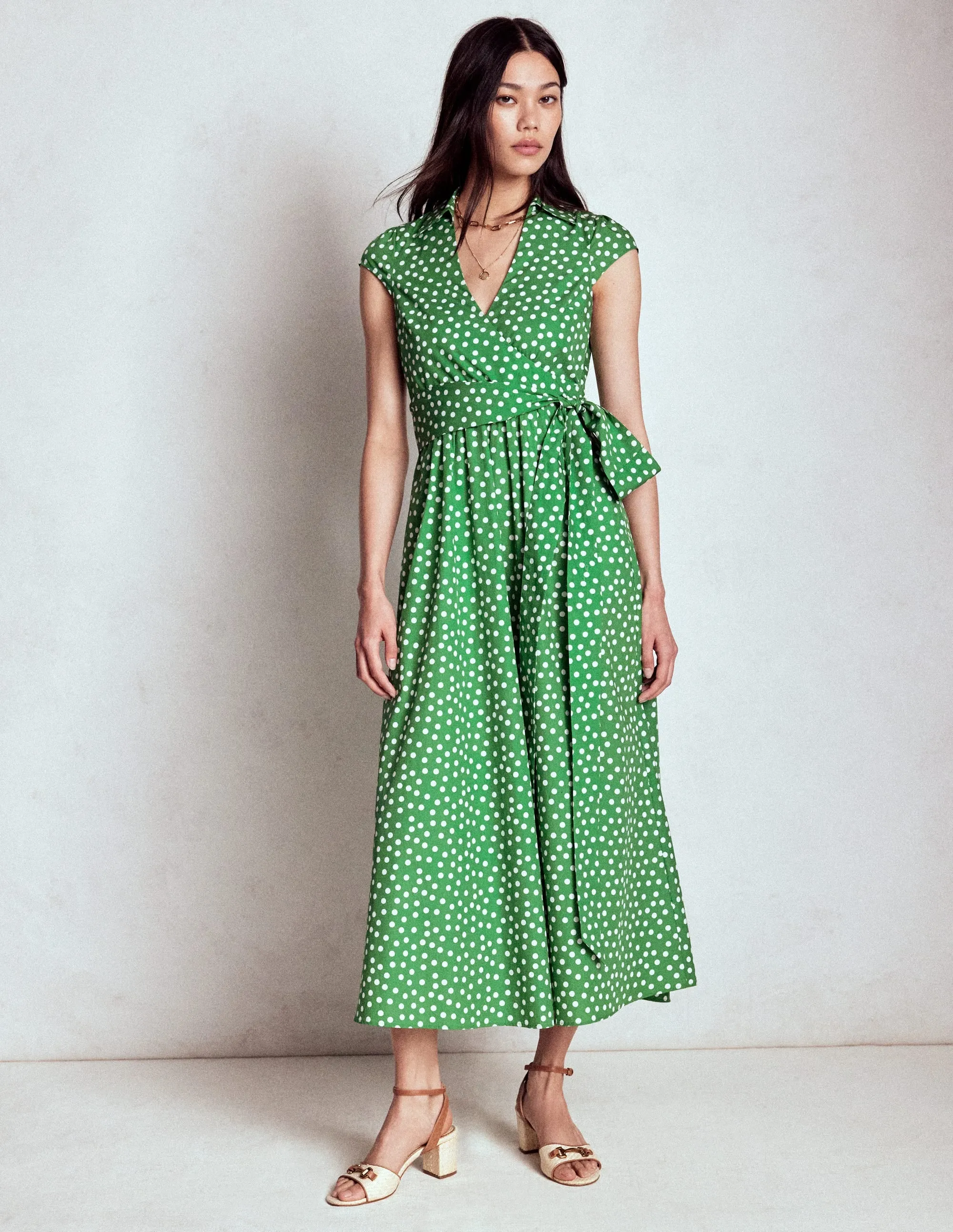 Julia Cotton Wrap Midi Dress-Highland Green, Painted Dot Charming Style