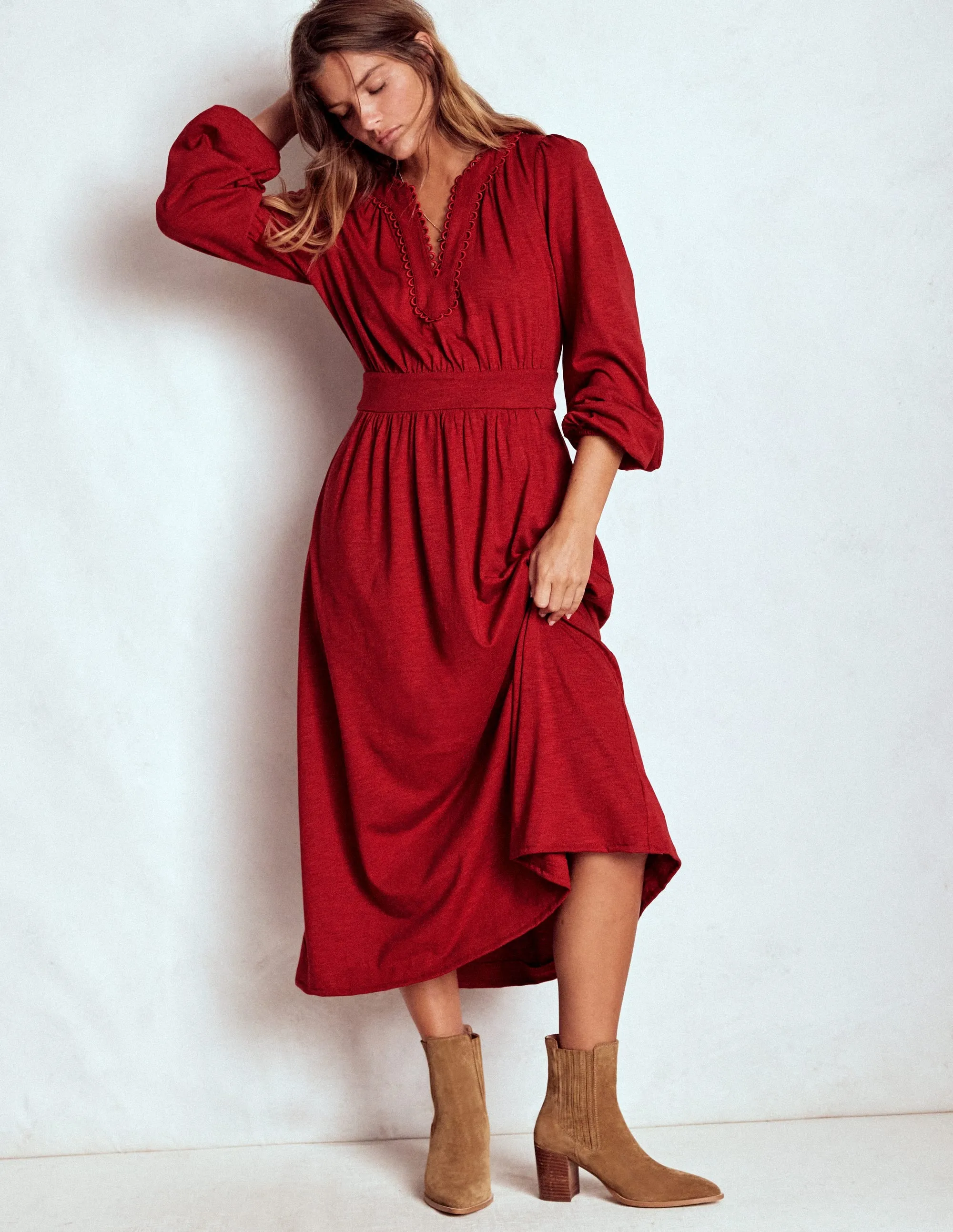 Smart and Stylish Easy Travel Maddie Picot Trim Midi Dress-Carmine Red