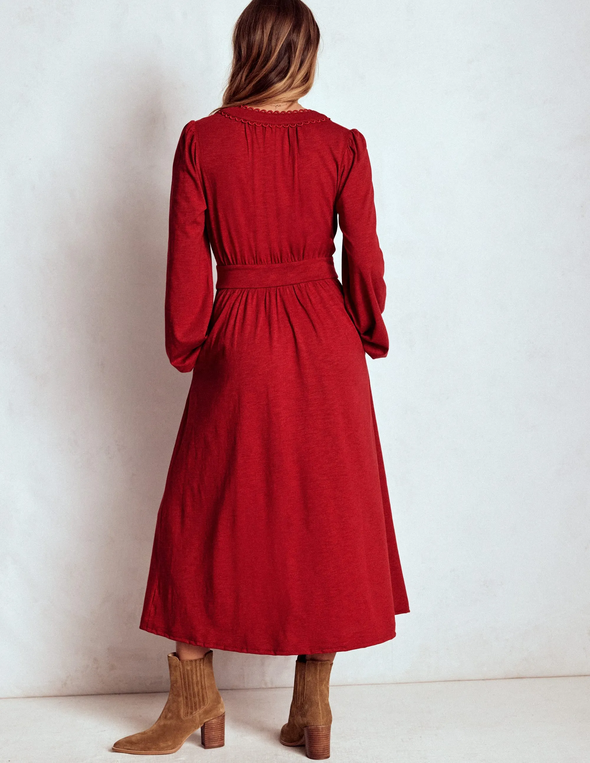 Maddie Picot Trim Midi Dress-Carmine Red Smart and Stylish