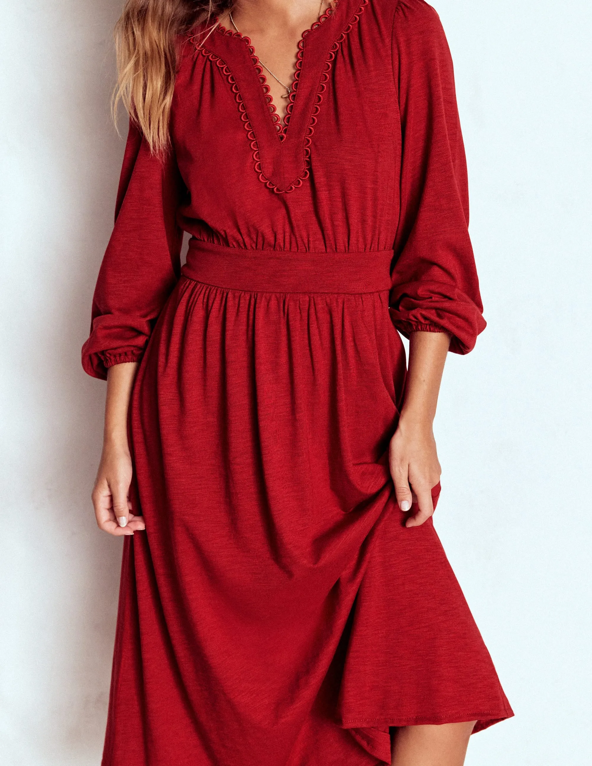 Maddie Picot Trim Midi Dress-Carmine Red Palace View