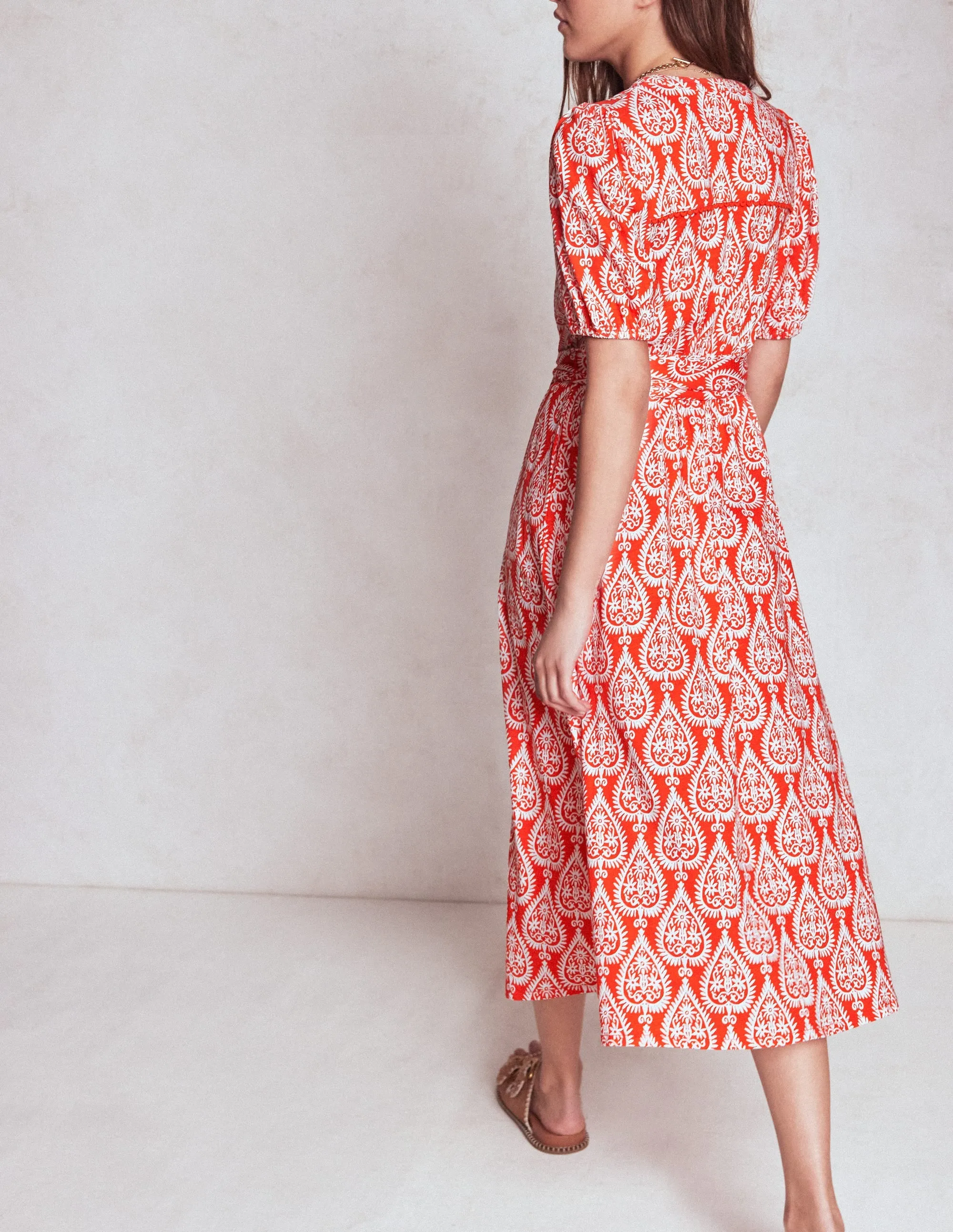 Sofia Trim Jersey Midi Dress-Firecracker Red, Ornate Geo Gem Shine
