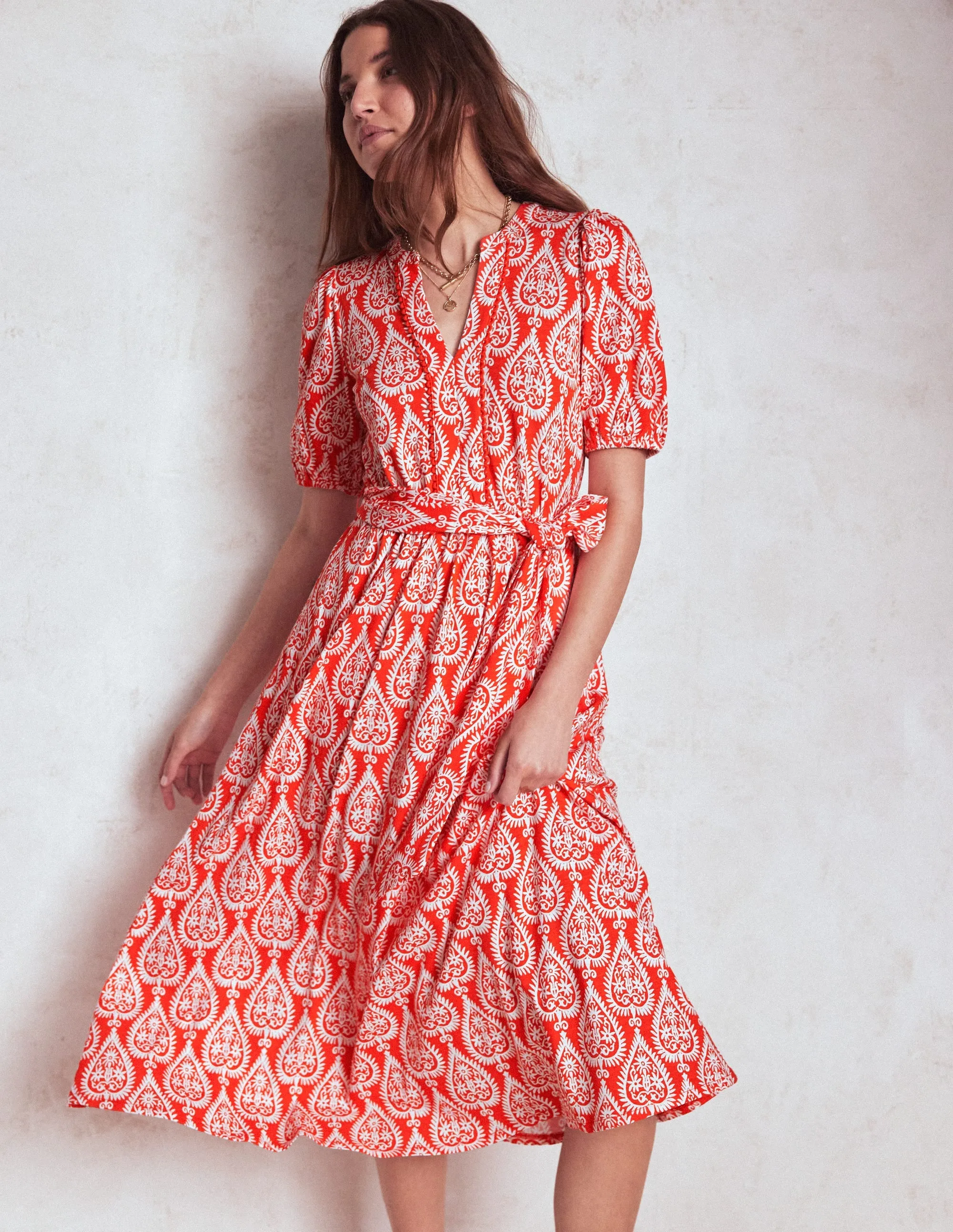 Sofia Trim Jersey Midi Dress-Firecracker Red, Ornate Geo Body Loving Italian Flair