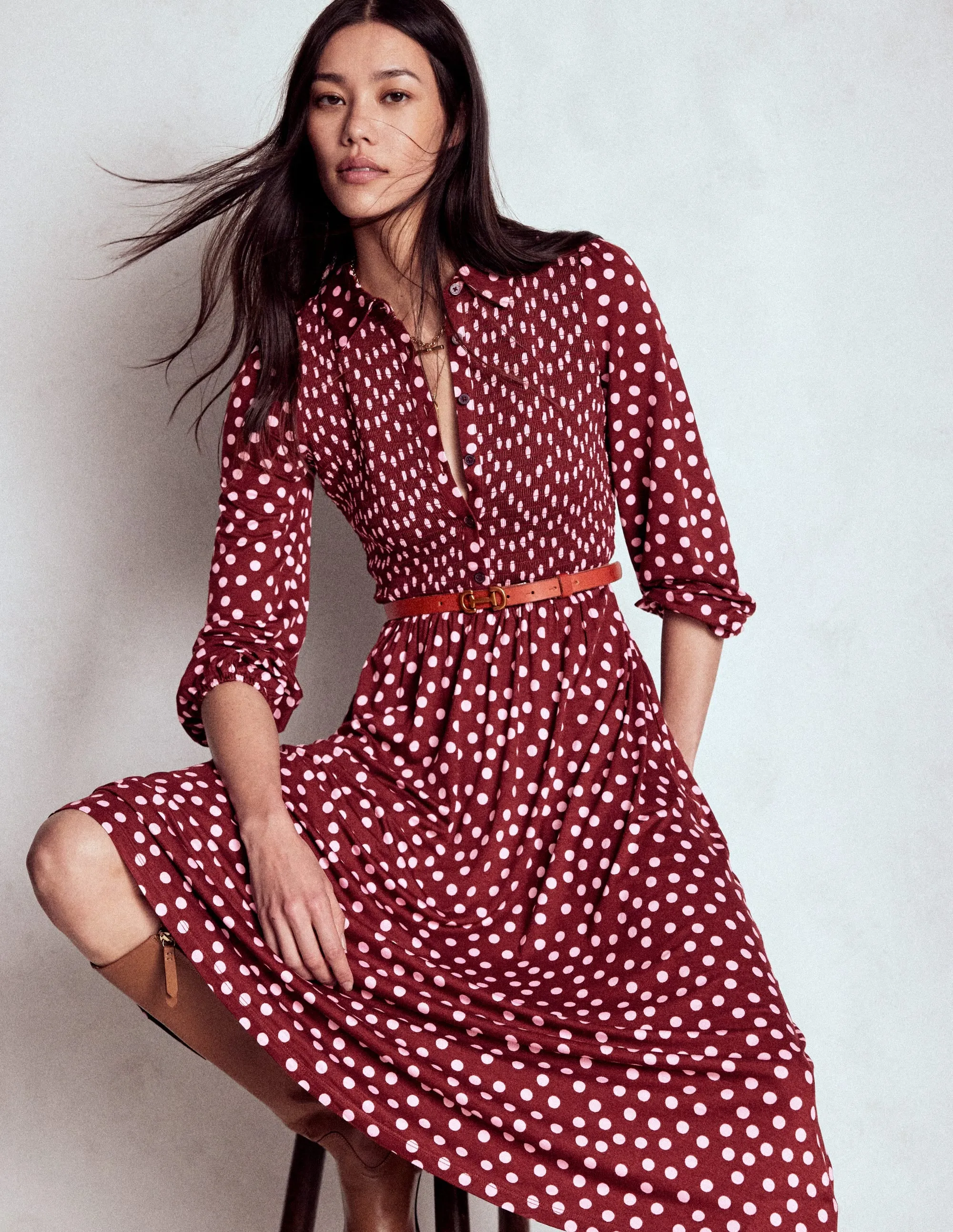 Quick Layer Smocked Jersey Shirt Dress-Chestnut, Painted Dot
