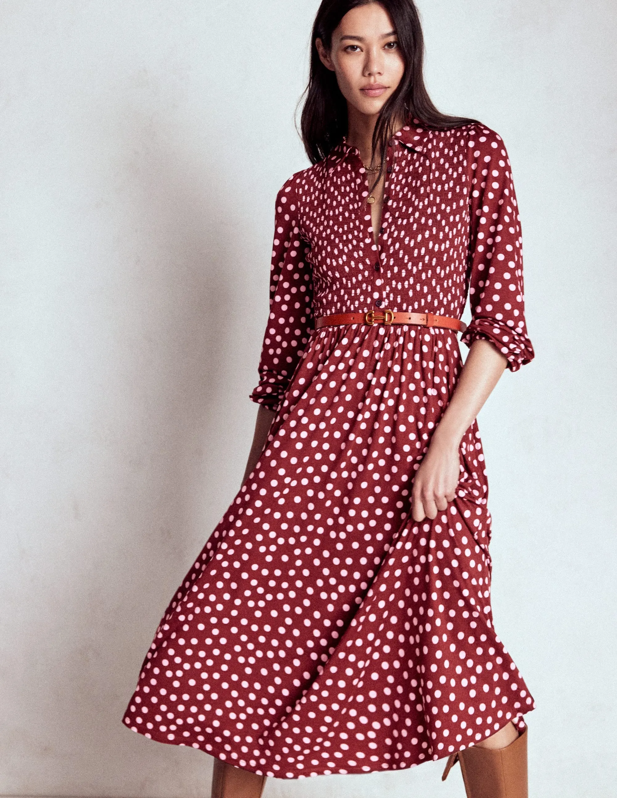 Classic Smart Smocked Jersey Shirt Dress-Chestnut, Painted Dot