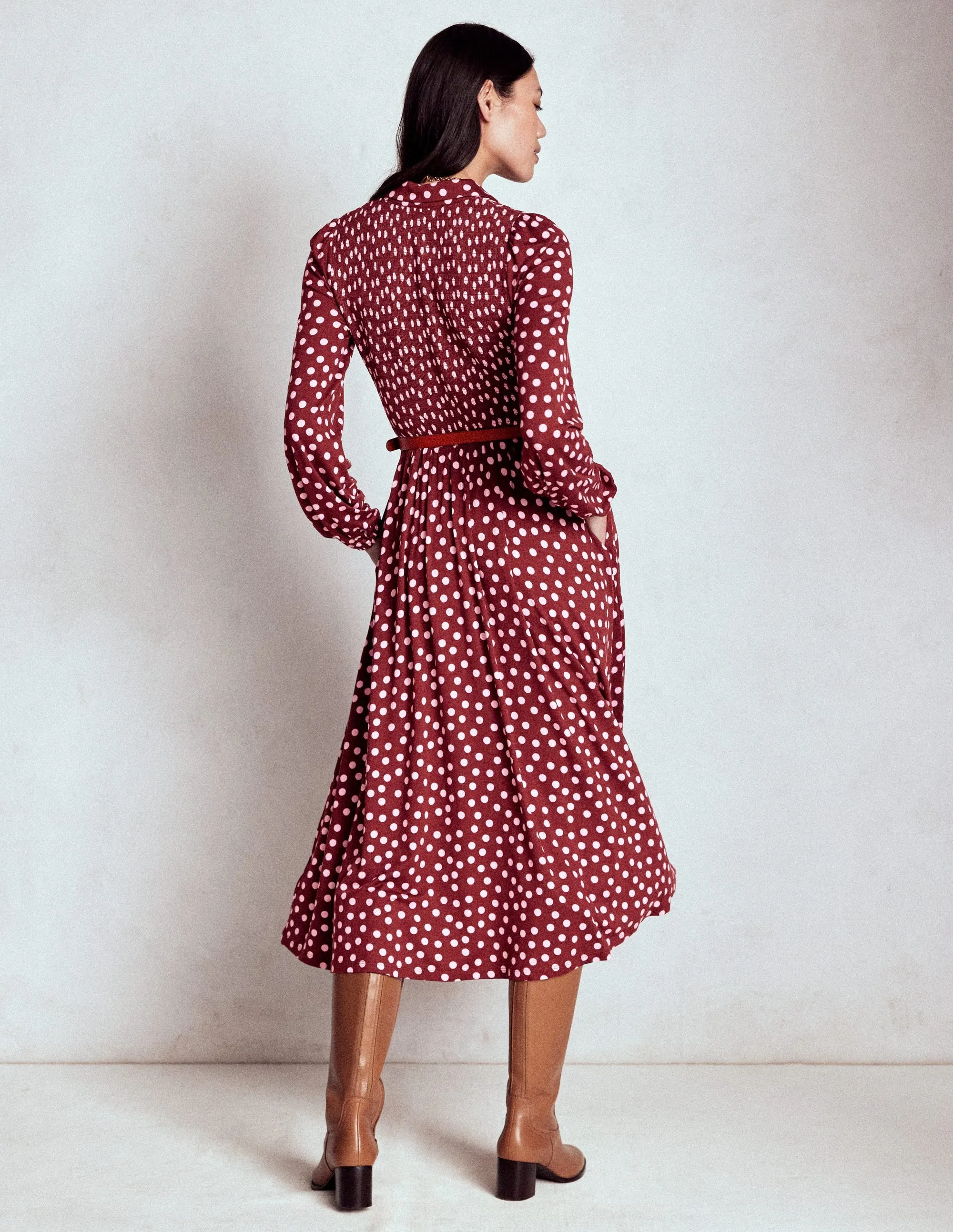 Smocked Jersey Shirt Dress-Chestnut, Painted Dot Mediterranean Cool