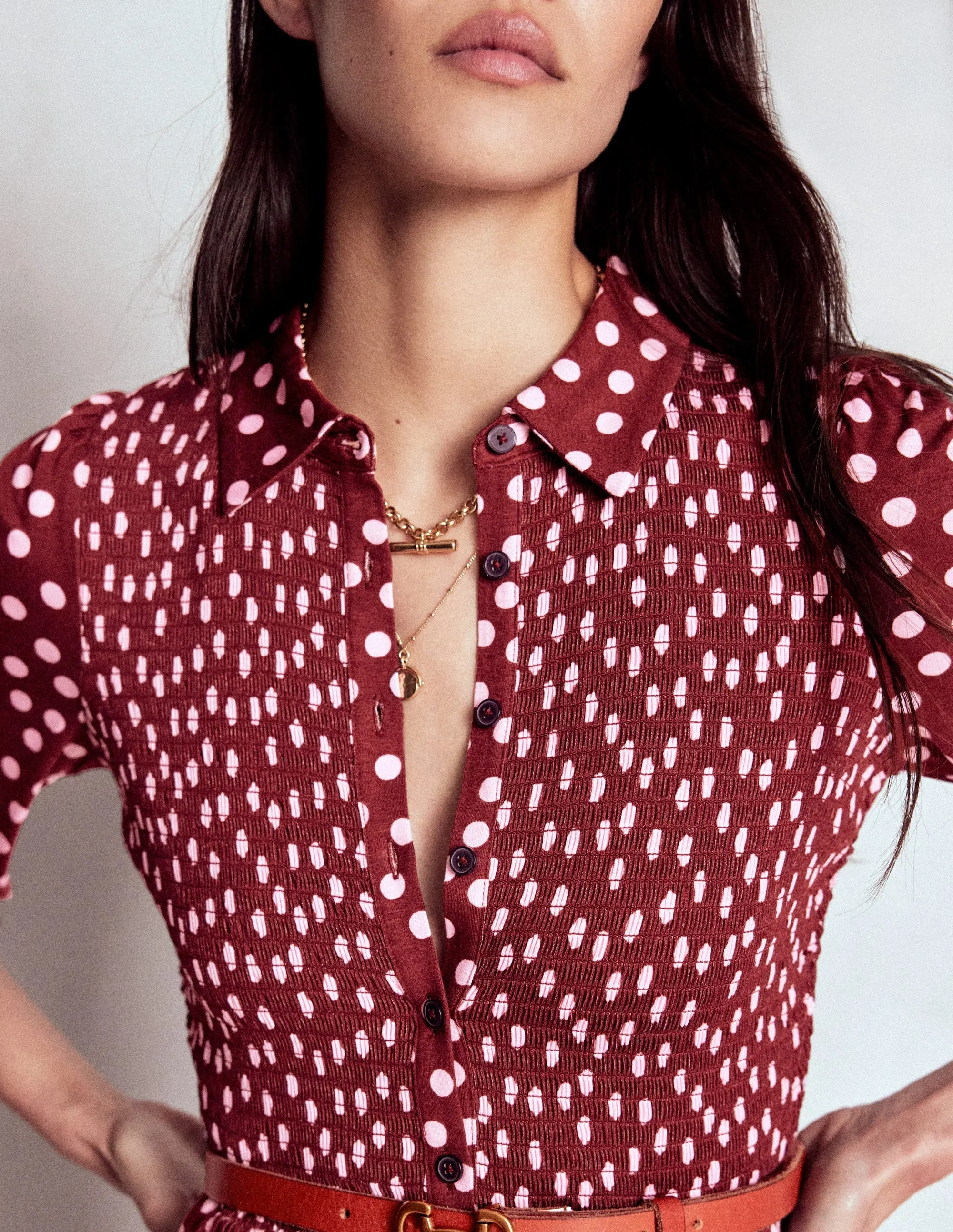 Stylish semi-formal dress Smocked Jersey Shirt Dress-Chestnut, Painted Dot