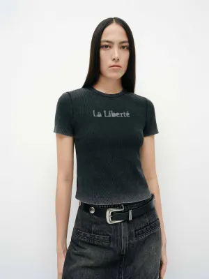 Front Letter Cropped T-shirt Casual Comfort Top Heathered Texture
