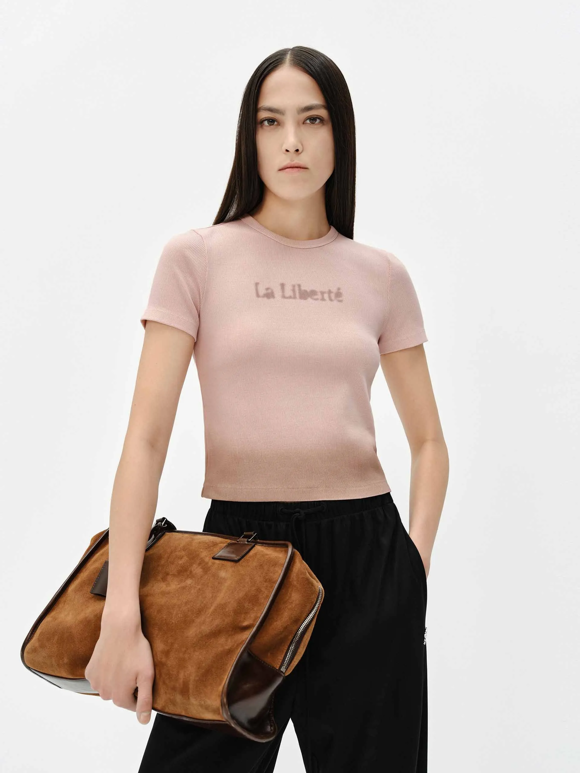 Front Letter Cropped T-shirt Simple and Relaxed Reinforced Collar