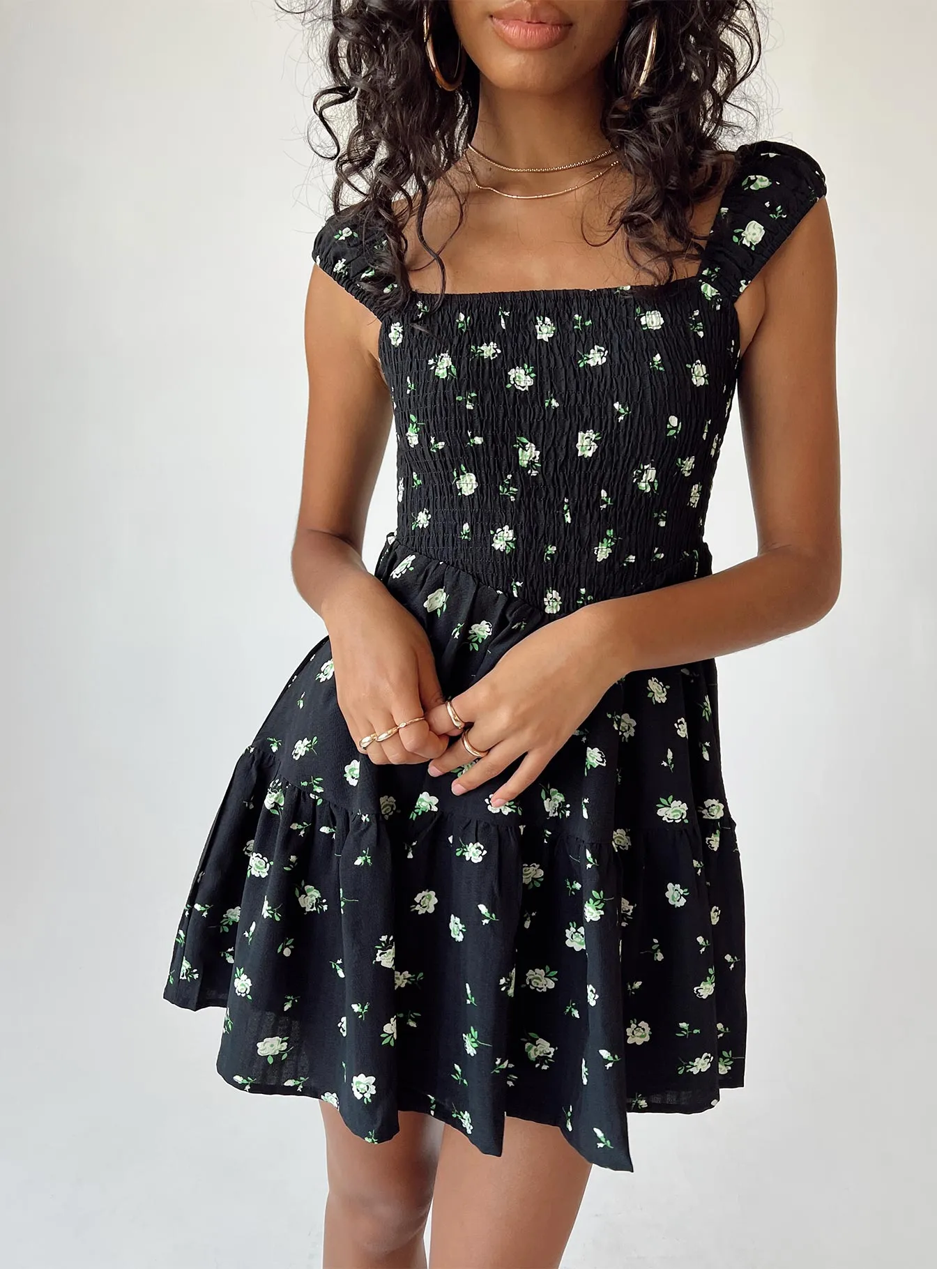Cedarwood Mini Dress Black / Floral Twist Front Draping