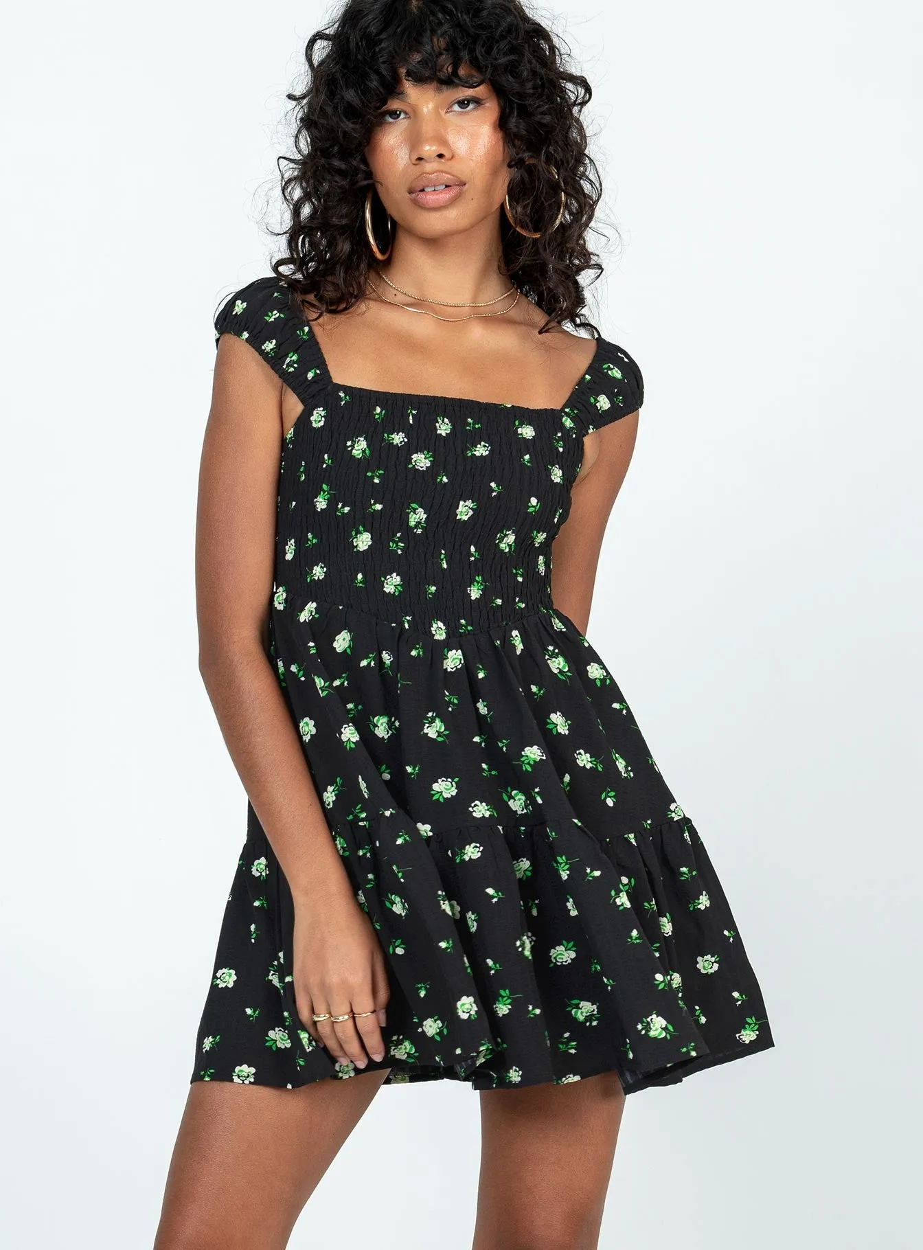 Bohemian style Non Restrictive Cedarwood Mini Dress Black / Floral